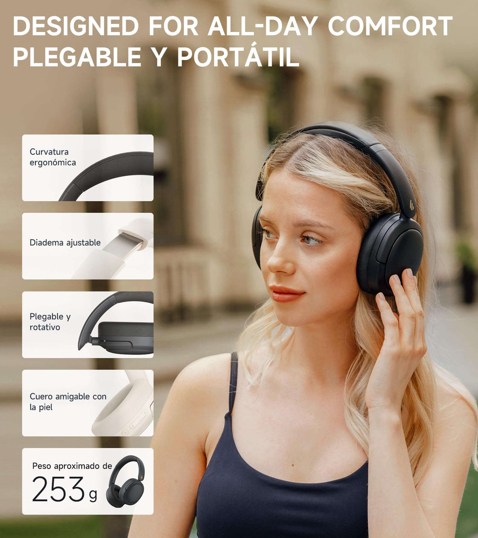 Edifier W800BT Pro Auriculares con Cancelación Activa del Ruido Híbridos, Bluetooth 5.4, Audio Hi-Res, Reducción del Ruido de Las Llamadas AI, 45 Horas de Autonomía, Carga Rápida, Plegable - Negro