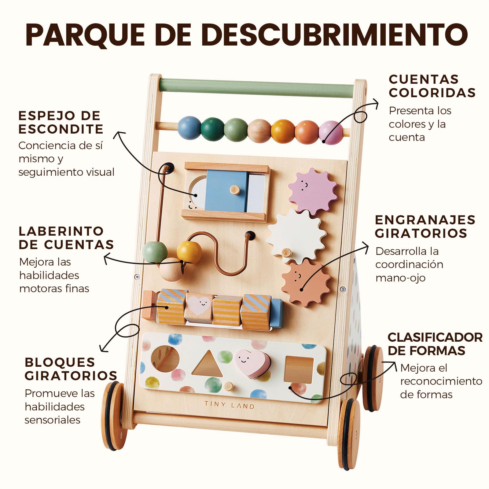Tiny Land Andador de madera, juego de andador para bebé, andador con velocidad ajustable para niños y niñas, andador y centro de actividades para bebés