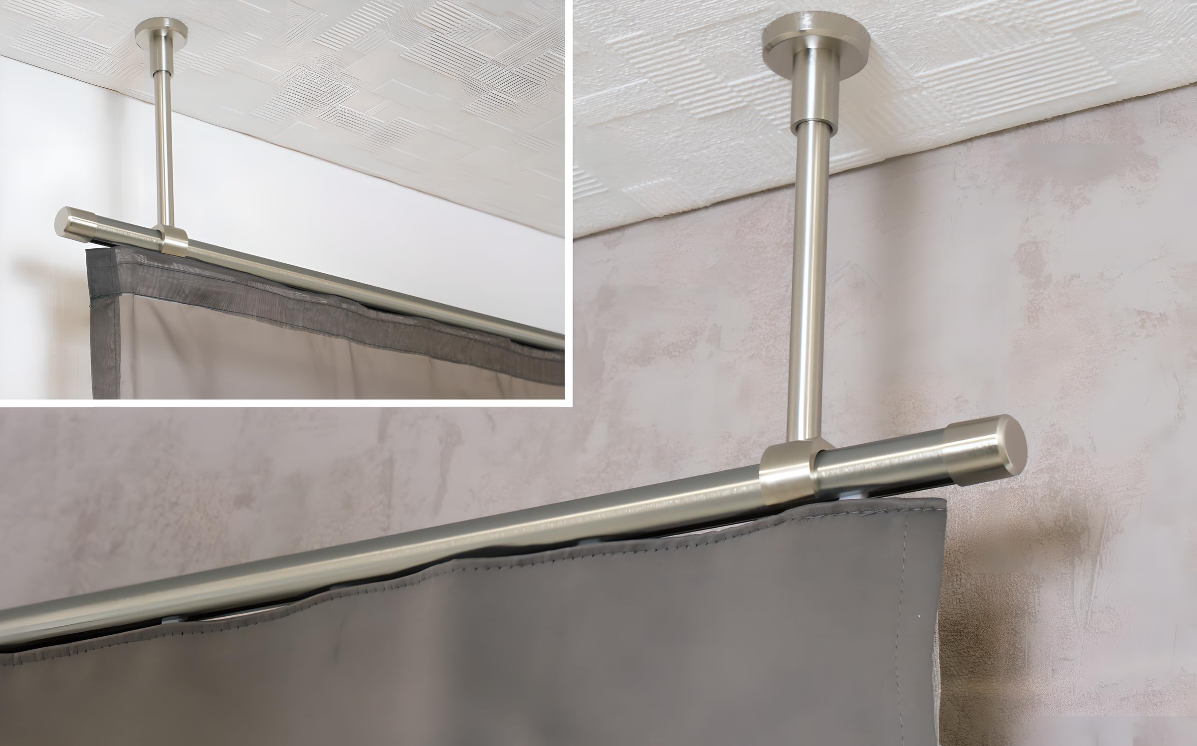 iso-design Gardinenstange Innenlauf Deckenmontage Farbe Edelstahl 20 mm, Innenlaufstange 1-läufig, großer Deckenabstand, Deckenhalter kürzbar, Endstück Kappe, 140 cm