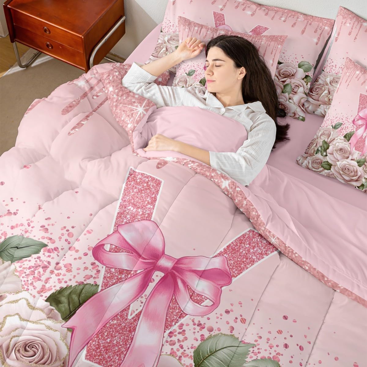 Initial Letter V Bow King Size Comforter Set with Sheets, Princess Bowknot 7 Piece Bedding Set Personalized Monogrammed Floral Bed in a Bag, Sequins Fluid Art Rose Light Pink Room Decor Aesthetic