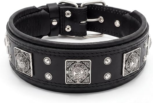 Bestia Eros Leather Dog Collar - 2.5 Inch Wide Dog Collar for Large Dogs with Soft Padded Cushion - Heavy Duty Leather Dog Collar with 4mm Thick Belt Leather and Metal Plates for Strong Breeds