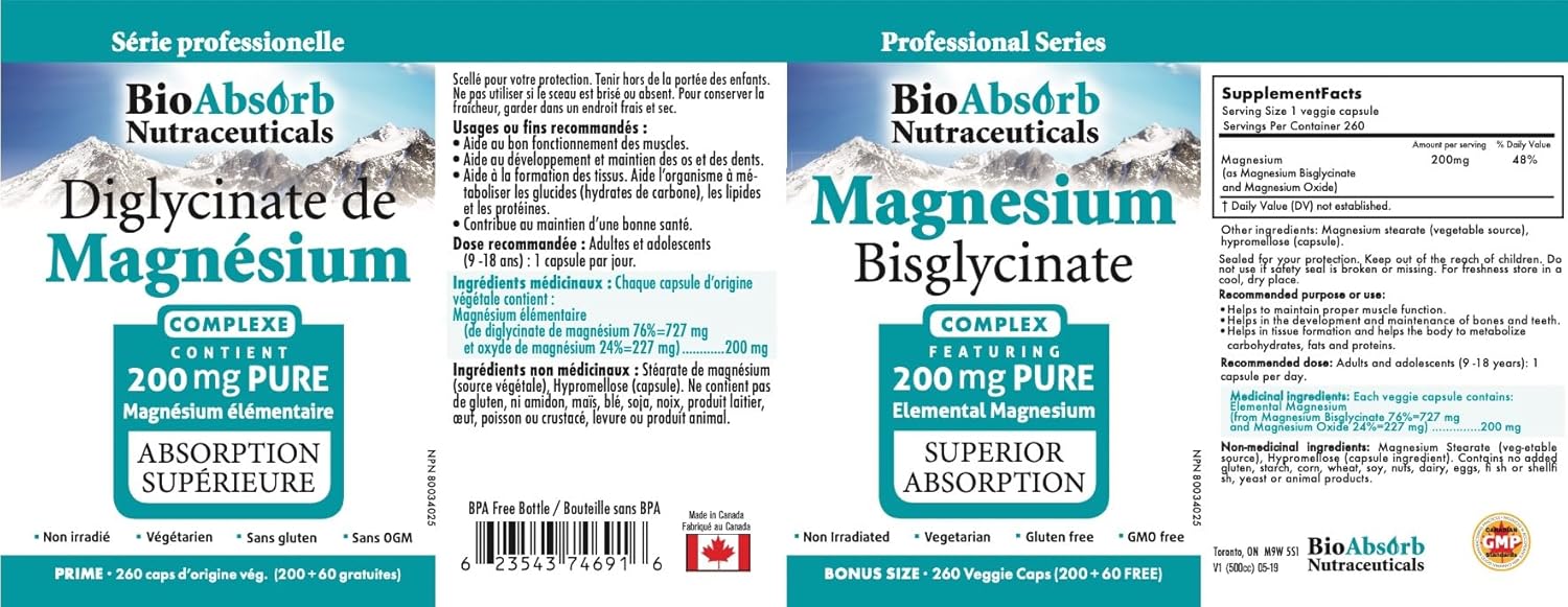 Bio Absorb Magnesium Glycinate/Bisglycinate Supplement. 200mg of Chelated Elemental Magnesium. 260 Vegan Capsules (260-Day Supply)