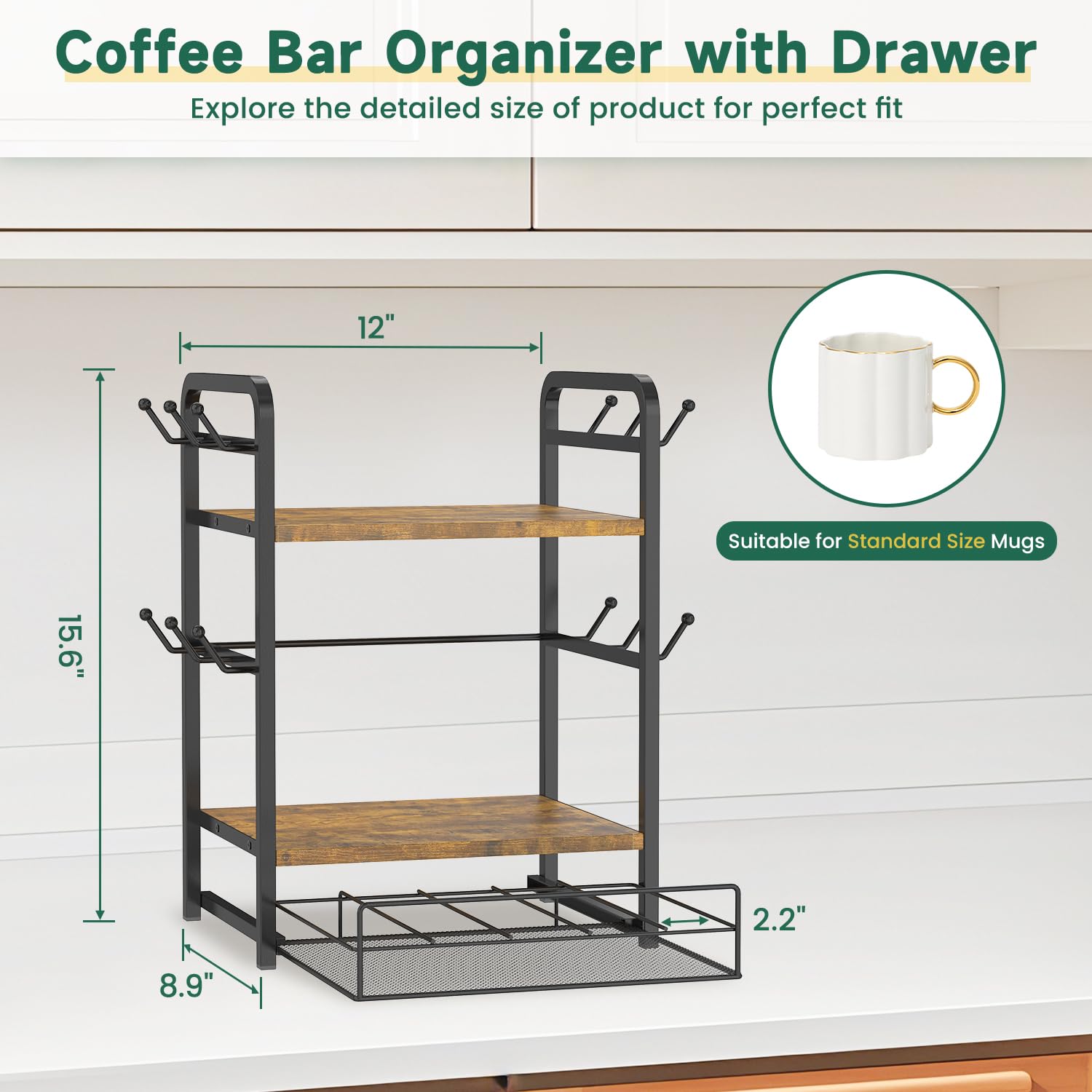 EsLuker.ly Organizer da bar con ripiano per tazze da lavoro, supporto per tazze da caffè a 3 livelli con 12 ganci per casa e ufficio, cassetto organizer per capsule K Cup, mantiene gli oggetti
