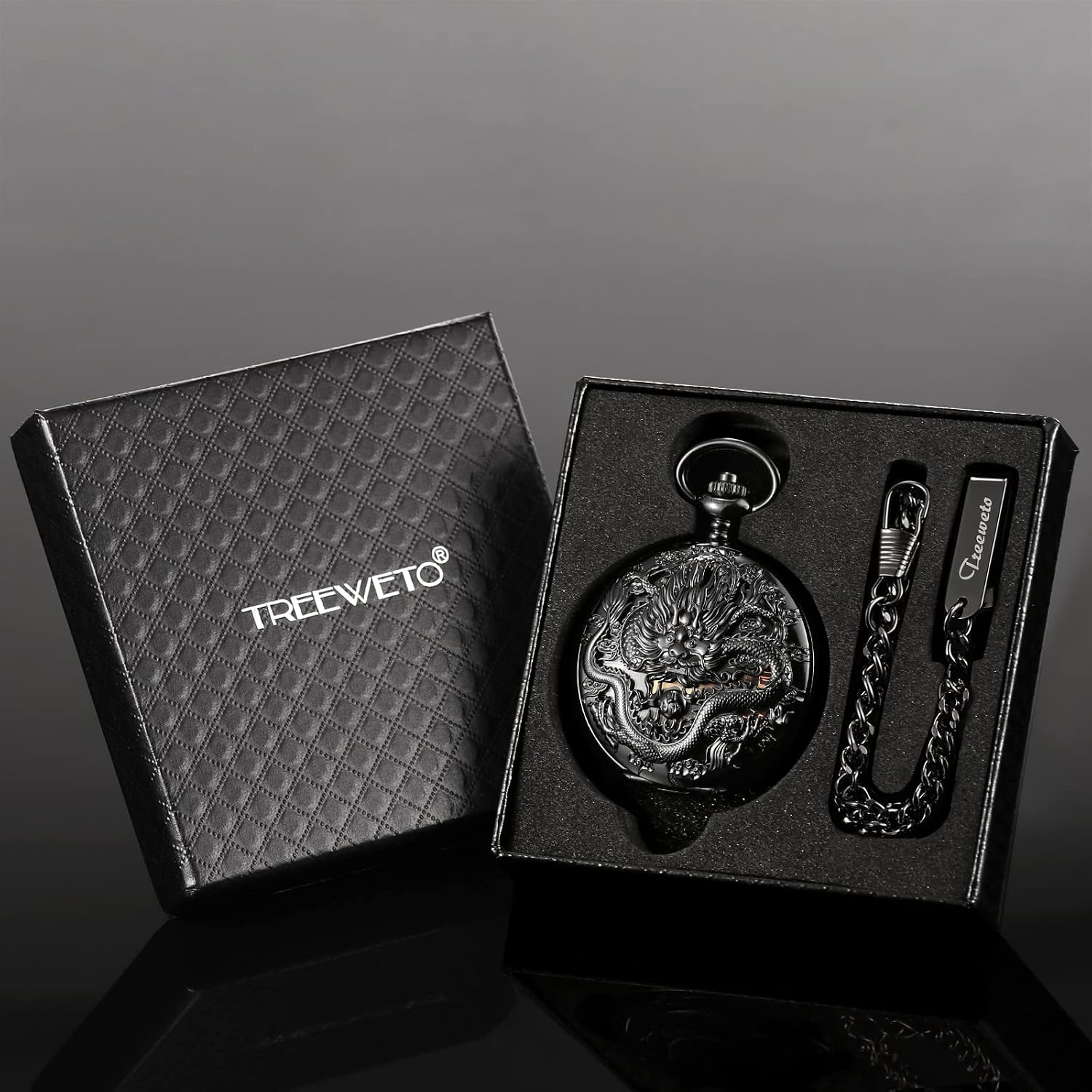 TREEWETO Mens Pocket Watch Antique Skeleton Mechanical Bronze Case 3D Steam Train Railroad Ruman Numerals Gifts for Train Lovers
