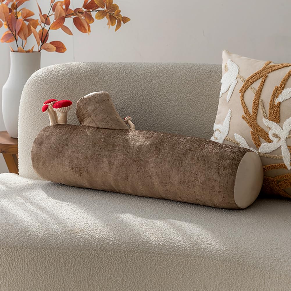 Shapeazy Mushroom Tree Log Pillow - Long Cylinder Decorative Throw Pillow for Couch, Sofa & Bed, Modern Chic Nature-Themed Pillow, Woodland Stump Accent Pillow for Living Room, Nursery, Home Decor