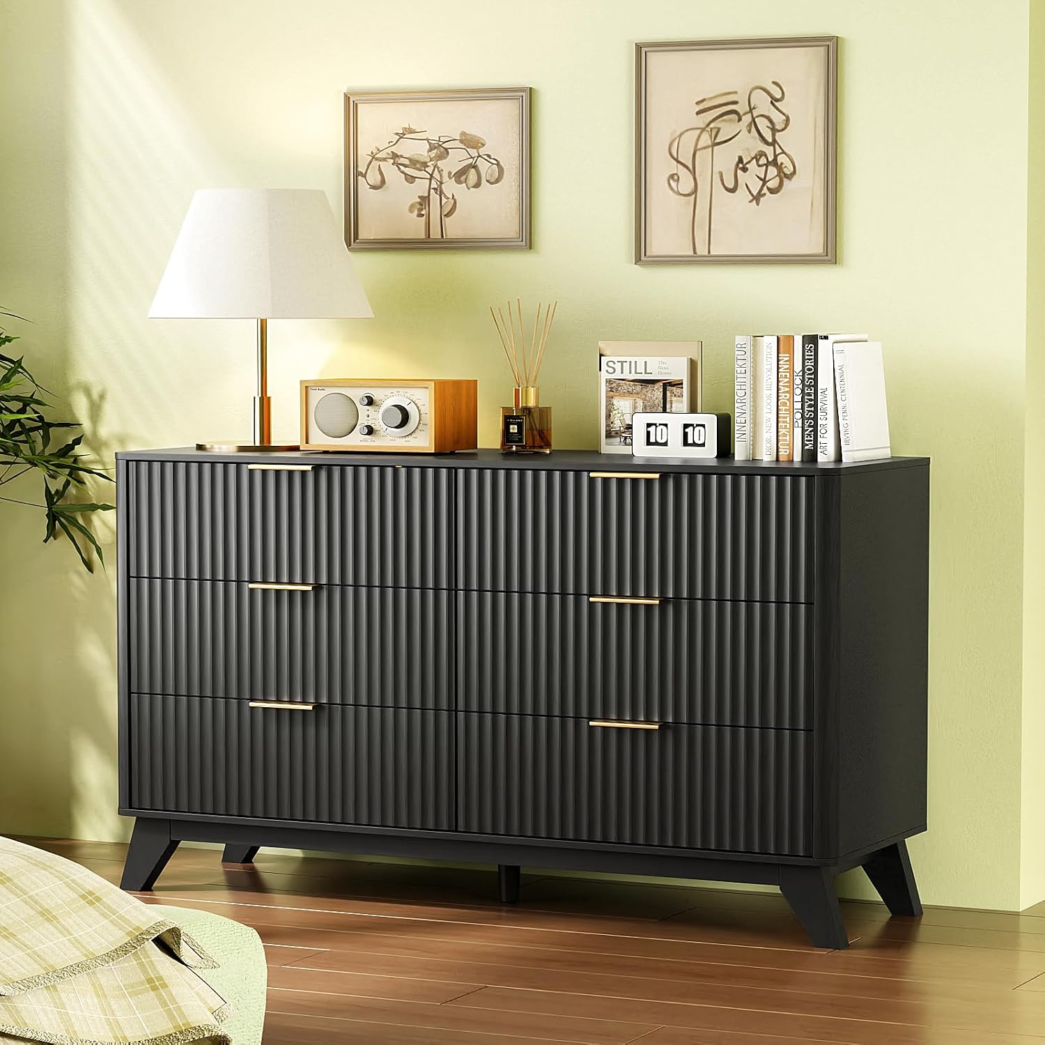 VINGLI Black Fluted 6 Drawer Dresser with Rounded Edges, Black Modern Dresser for Bedroom, 46.8" W*15.5" D*31" H