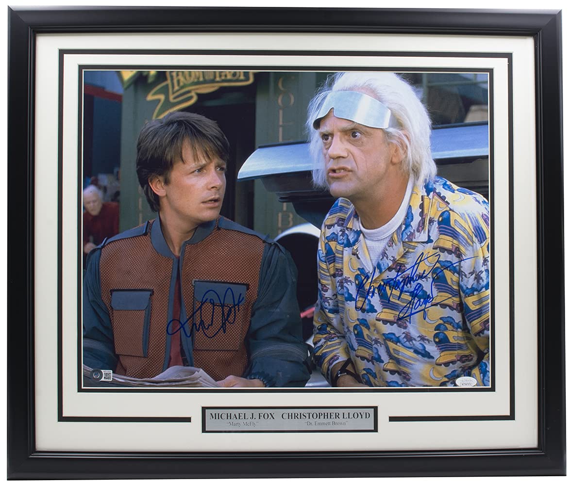 Michael J. Fox Christopher Lloyd Signed Framed 16x20 Back to the Future II Photo JSA BAS