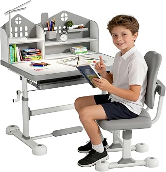 YLGJ&TIDY Kids Desk and Chair Set,Ergonomic Height Adjustable Functional Desk for Kids with Tilting Desktop,LED Light Study Table with Storage Bookshelf Gray 1pcs