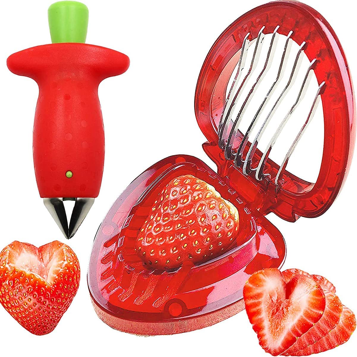 Qiven Strawberry Slicer, 2 Pcs, Red, Stainless Steel & Plastic, Non Slip Handle, Easy To Use, For Strawberries, Grapes, Tomatoes