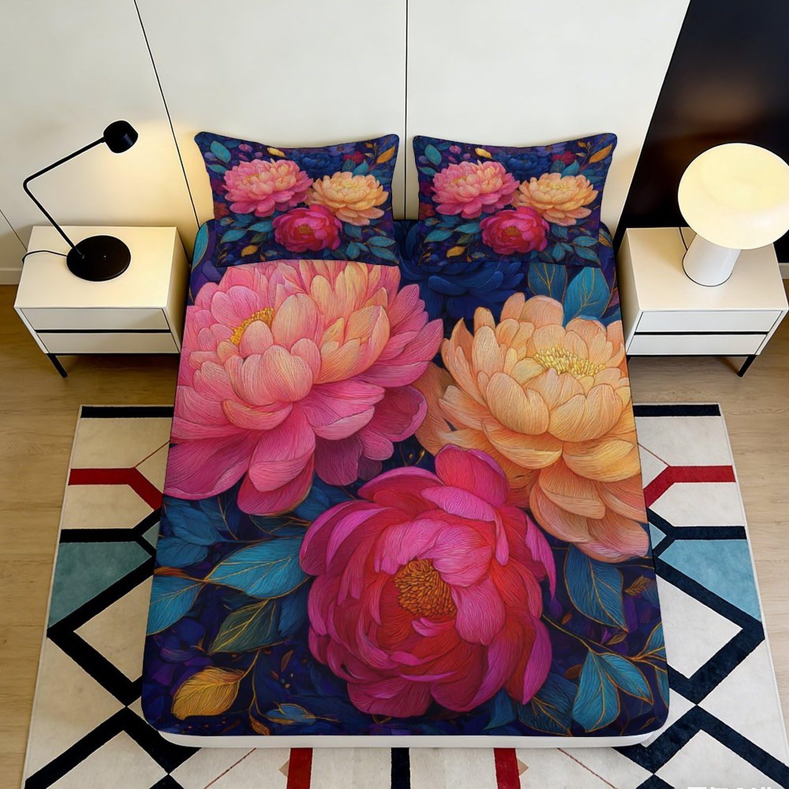 3D Printed Peony Bloom Fitted Sheet Microfiber Floral Mattress Cover for Bedroom Guest Room Decorative Protection 90x200x25cm