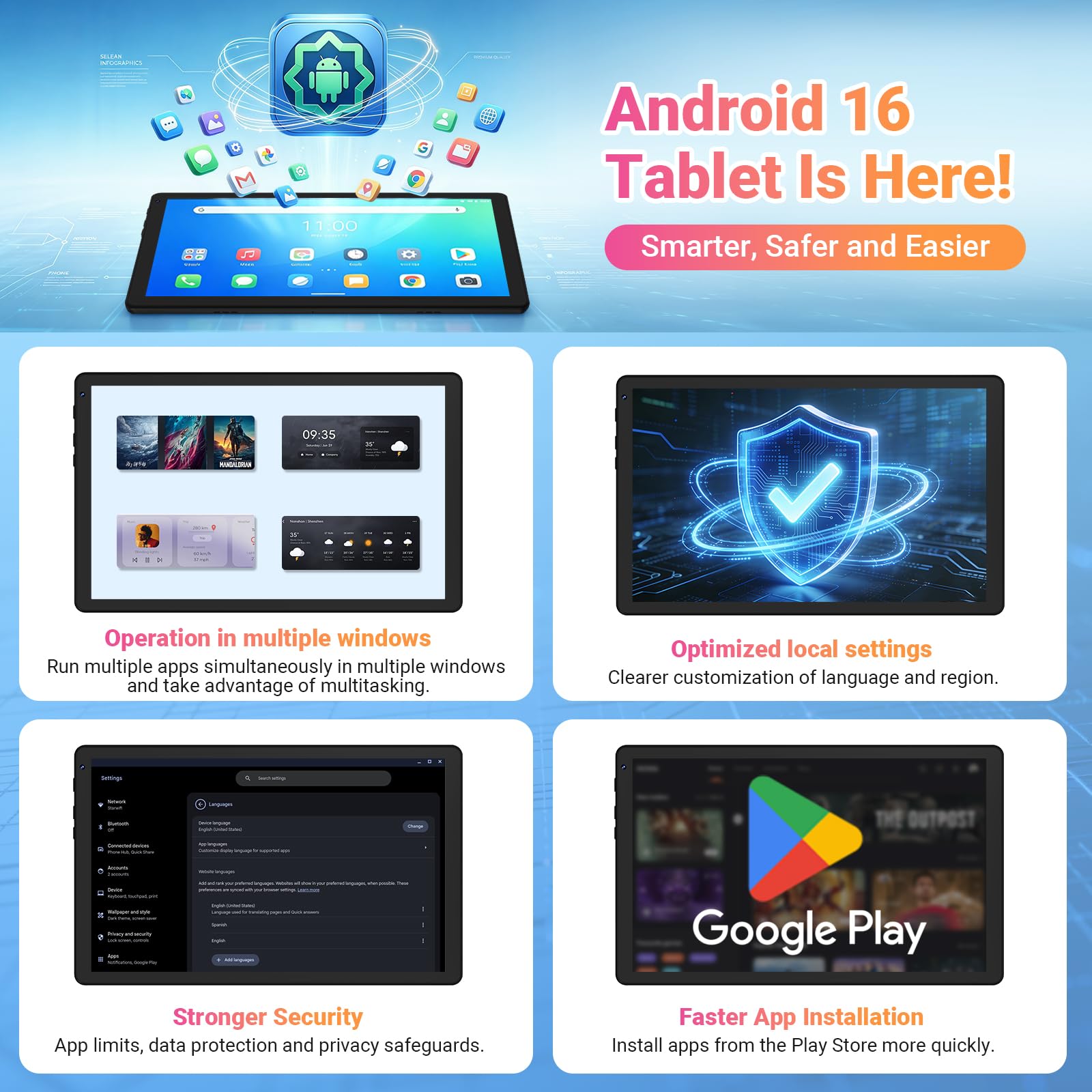 Gleeso Tablet｜Android 16 Tablet 10 Inch｜16GB RAM 1TB TF Android Tablets with Face Unlock｜Widevine L1｜BT 5.4/5G WiFi｜5MP Dual Camera, OTG Tablet PC - Black — view 4