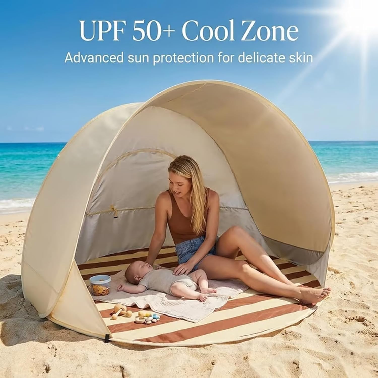 Abri de Plage Pop-Up Tente de Plage – Portable, spacieux, Pare-Soleil de Voyage, Protection UV 50 avec Sac de Transport, pour 2 à 3 Personnes (Plein air, Camping, Pique-Nique, Jardin)