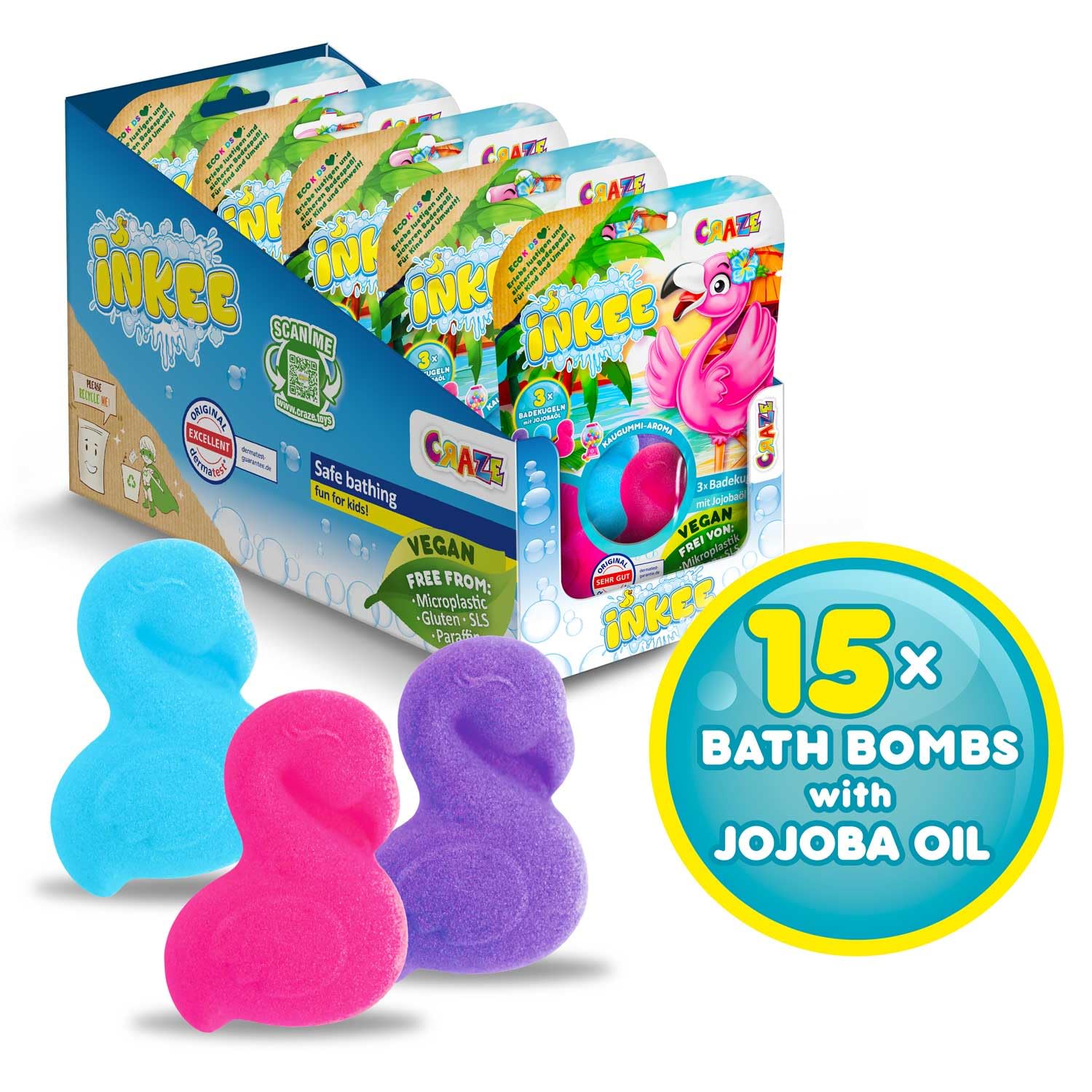 INKEE Flamingo Display of 5 Packs of 3 Bubble Baths for Children in The Shape of a Flamingo with Bubble Gum Aroma - Image 3