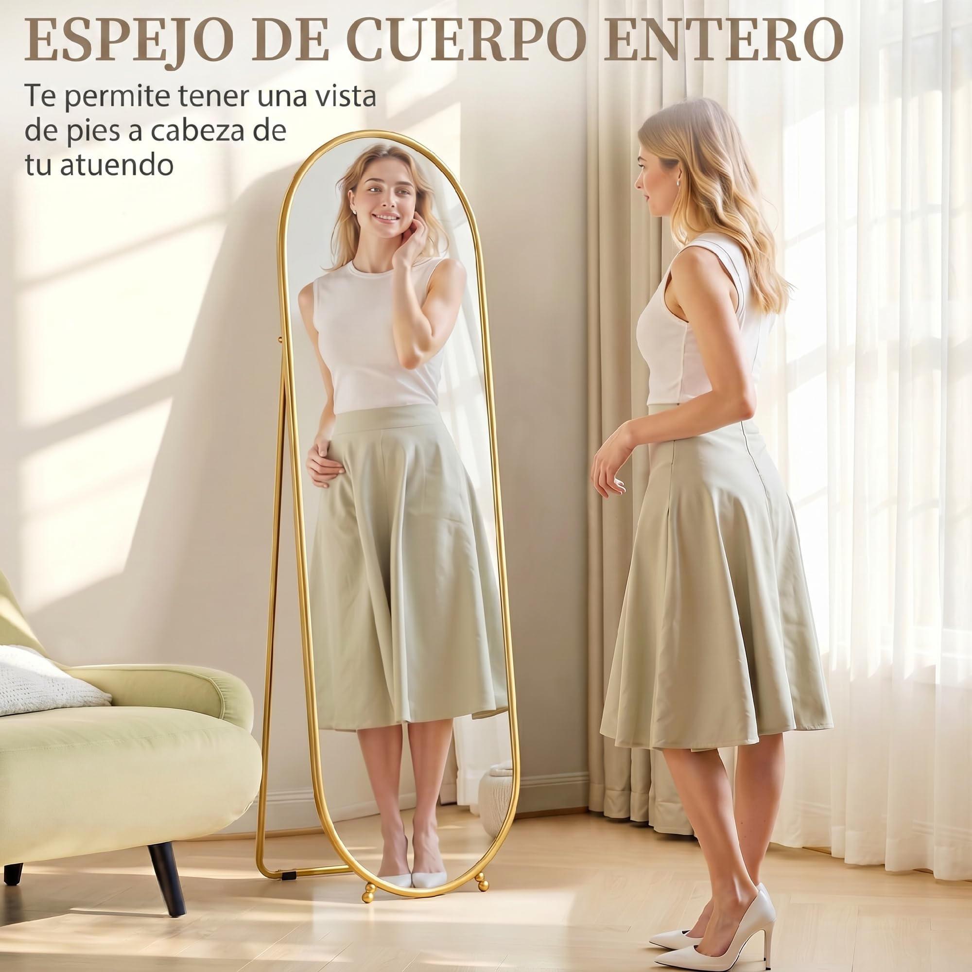 HOMCOM Espejo de Pie Cuerpo Entero Ovalado 160x40 cm, Espejo de Cuerpo Entero con Soporte, 2 Formas de Uso, Independiente y Apoyado, para Salón, Entrada, Dormitorio, Vestidor, Dorado