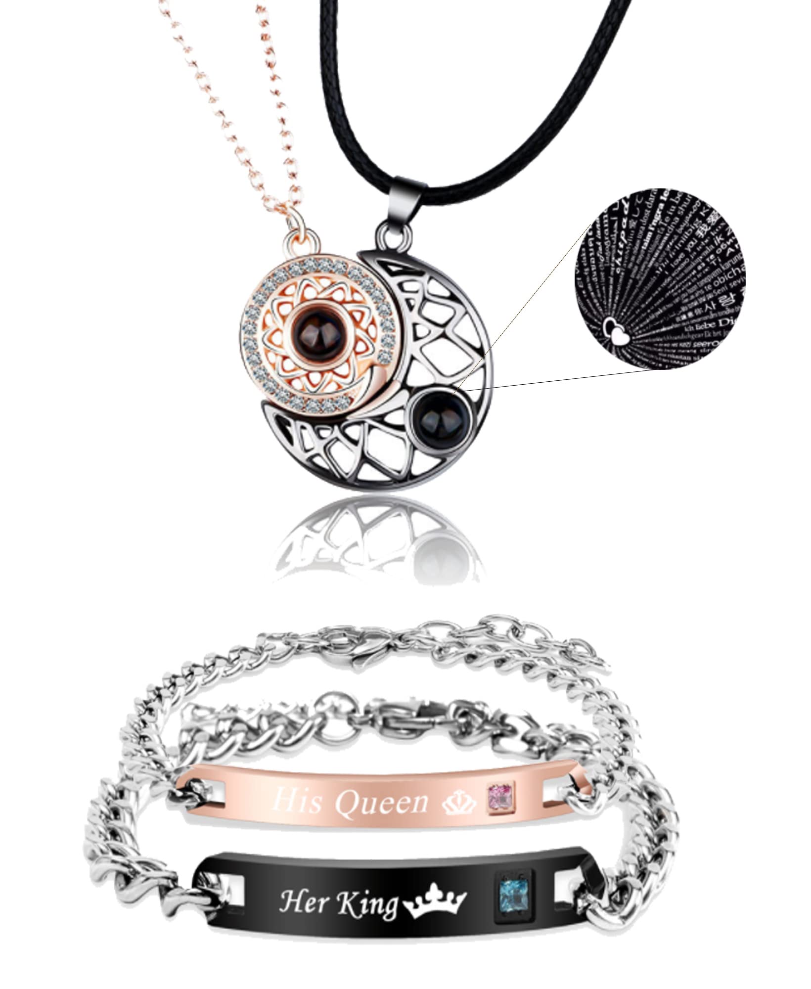 LAKIYOYOCouple Necklace Bracelet for Couple I Love You Necklace 100 Languages Sun and Moon Necklaces Best Friend Bracelet Friendship Necklace, Copper, other