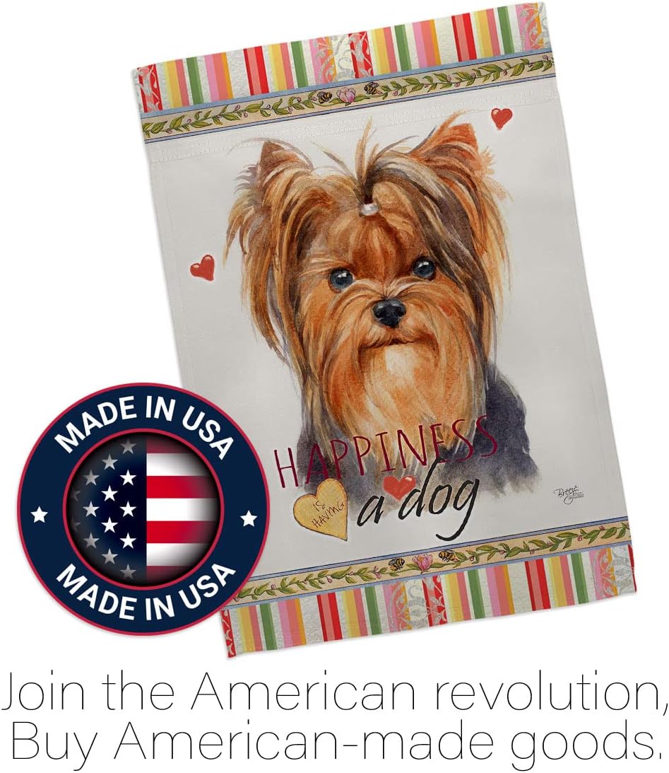 Breeze Decor Yorkie Happiness House Flag Pack Dog Puppy Spoiled Paw Canine Fur Pet Nature Farm Animal Creature Vintage Applique Banner Small Garden Yard Gift Double-Sided, Made in USA