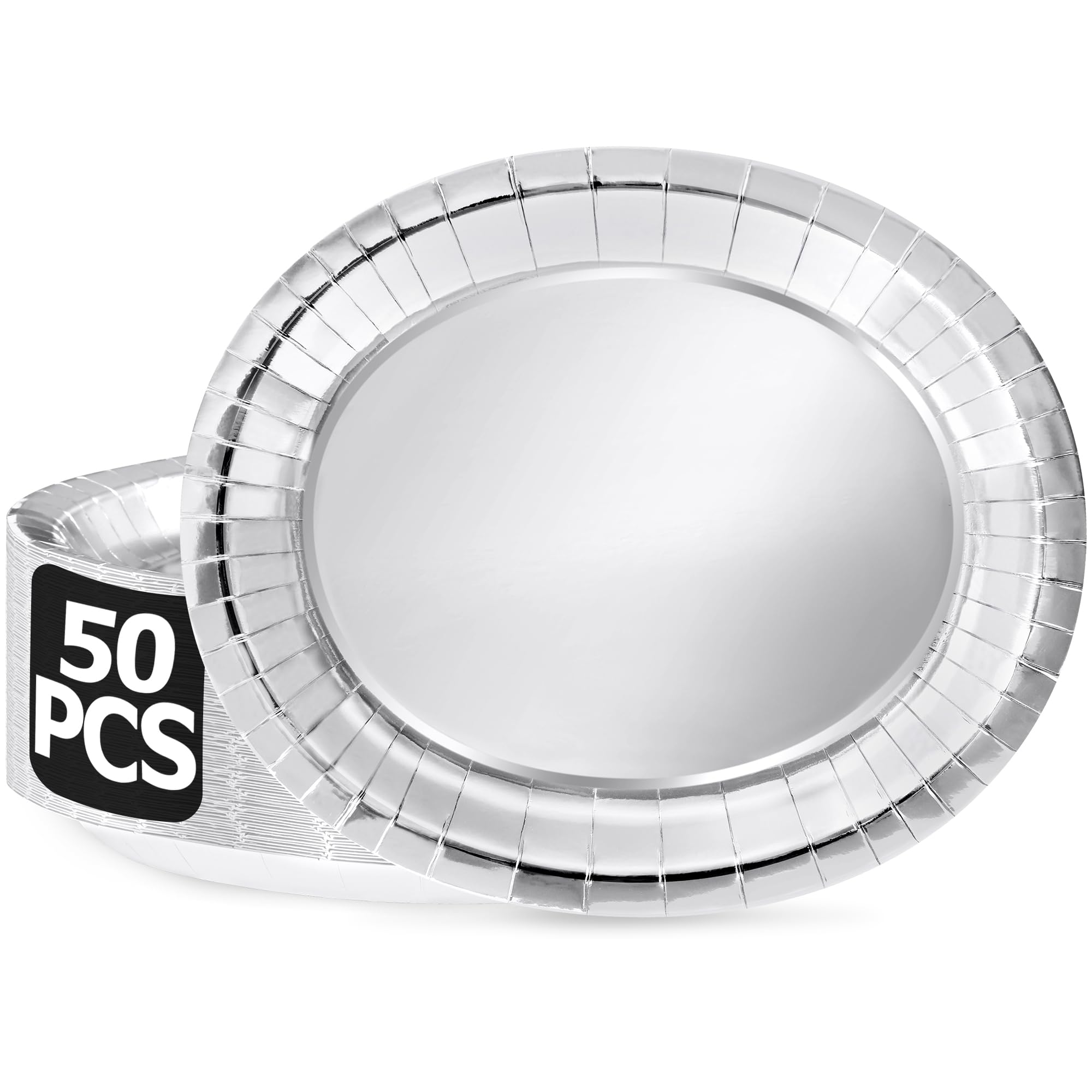 50 Pcs Oval Large Paper Plates, 12.2'' X 10.2'' Silver Foil Paper Plates, Daily Dinner Plates Disposable Paper Plates Bulk Party Supplies for Wedding