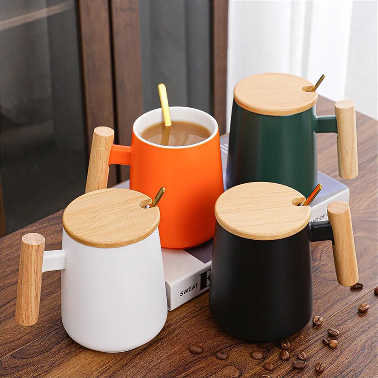 Taza de café de cerámica Vintage de 480ml con tapa, mango de madera, taza de agua Retro for oficina y hogar, 2 uds. Para Boda(Orange Green)