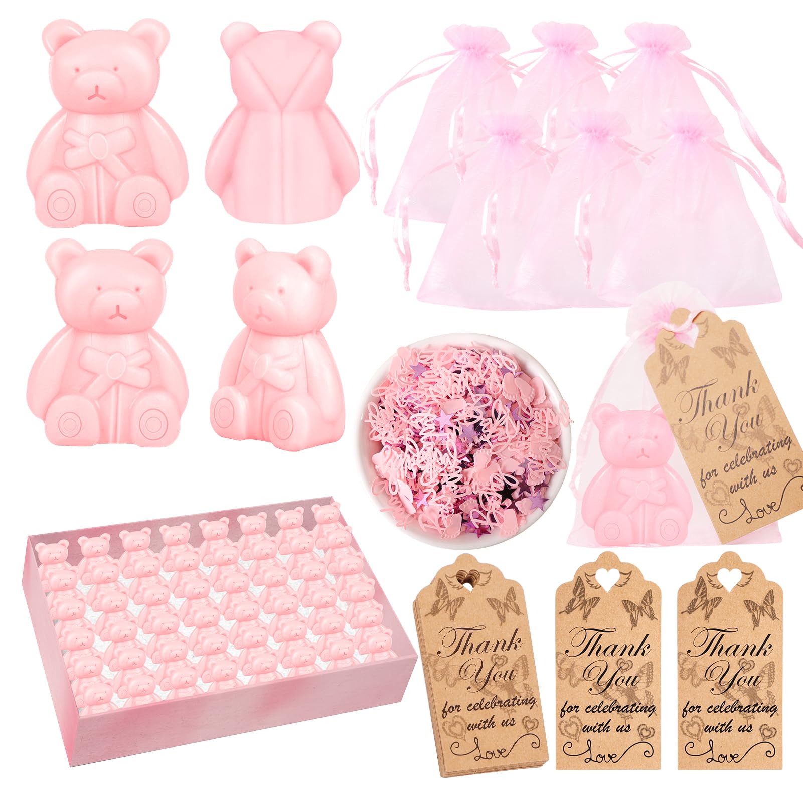 AIXIANG Baby Shower Favors Soaps Handmade Pink Bear Soap Favors Baby Shower Decorations for Girl with Organza Bags + Thank You Tags + Confetti Baby Shower Gifts for Guests Prizes (50 Set Party Favors)