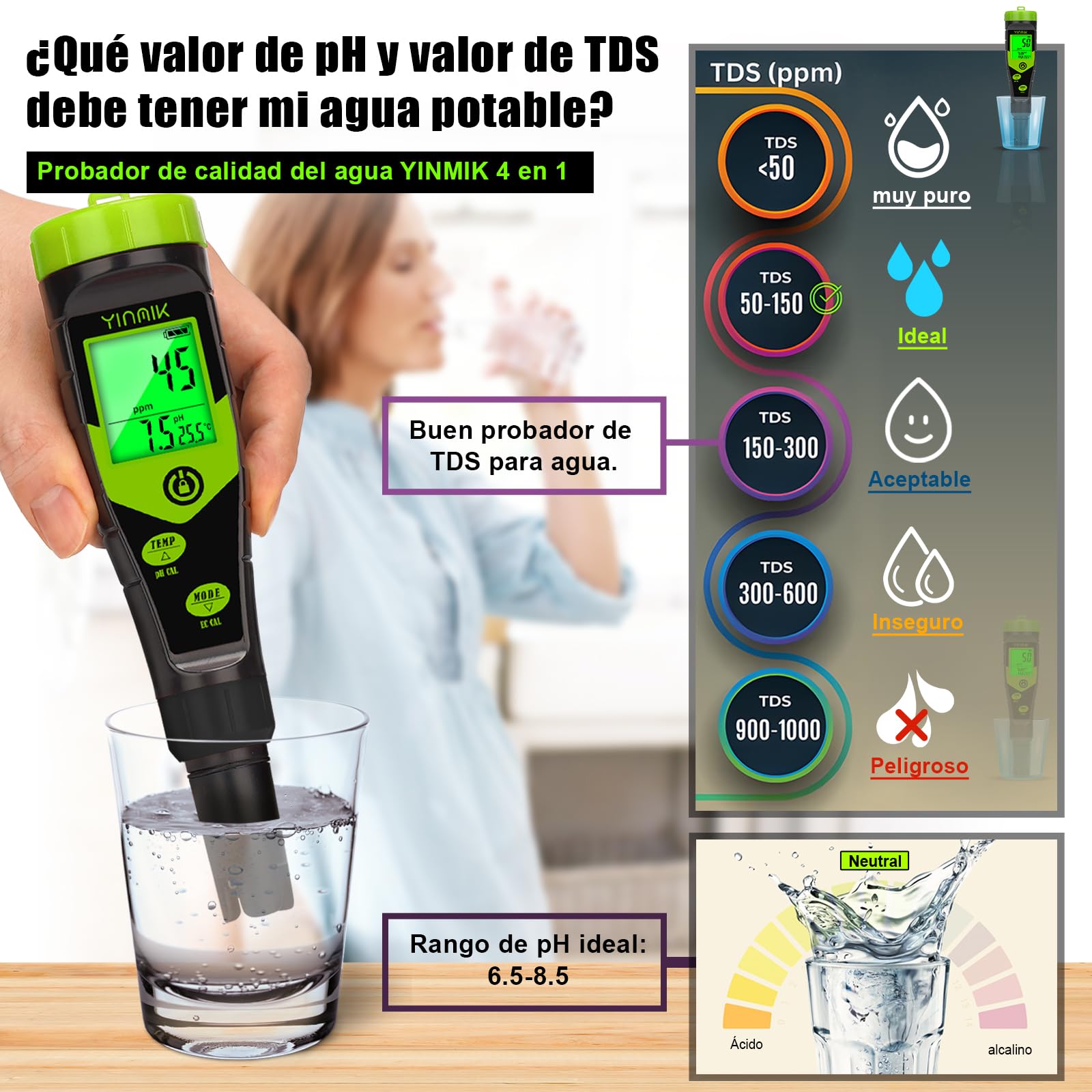 YINMIK Medidor de pH y TDS Digital 4 en 1, Probador de pH PPM Conductividad con Solución de Calibración para Piscina Agua Potable