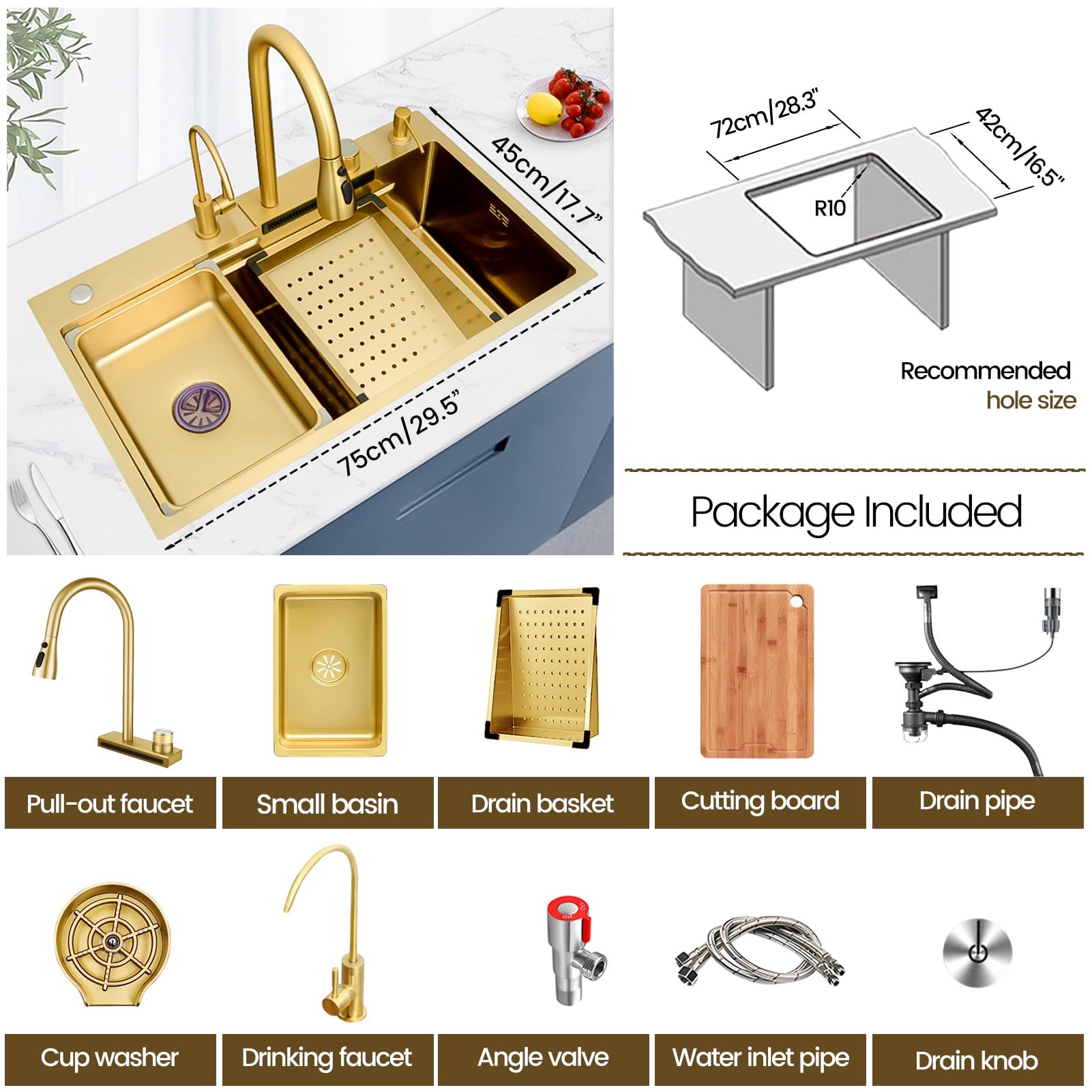 Fregadero de Cocina Grande con escurridor, Fregadero de un Solo Seno para encimera, para instalación empotrada, Acero Inoxidable Essential, Incluye Kit de desagüe Completo (Dorado,