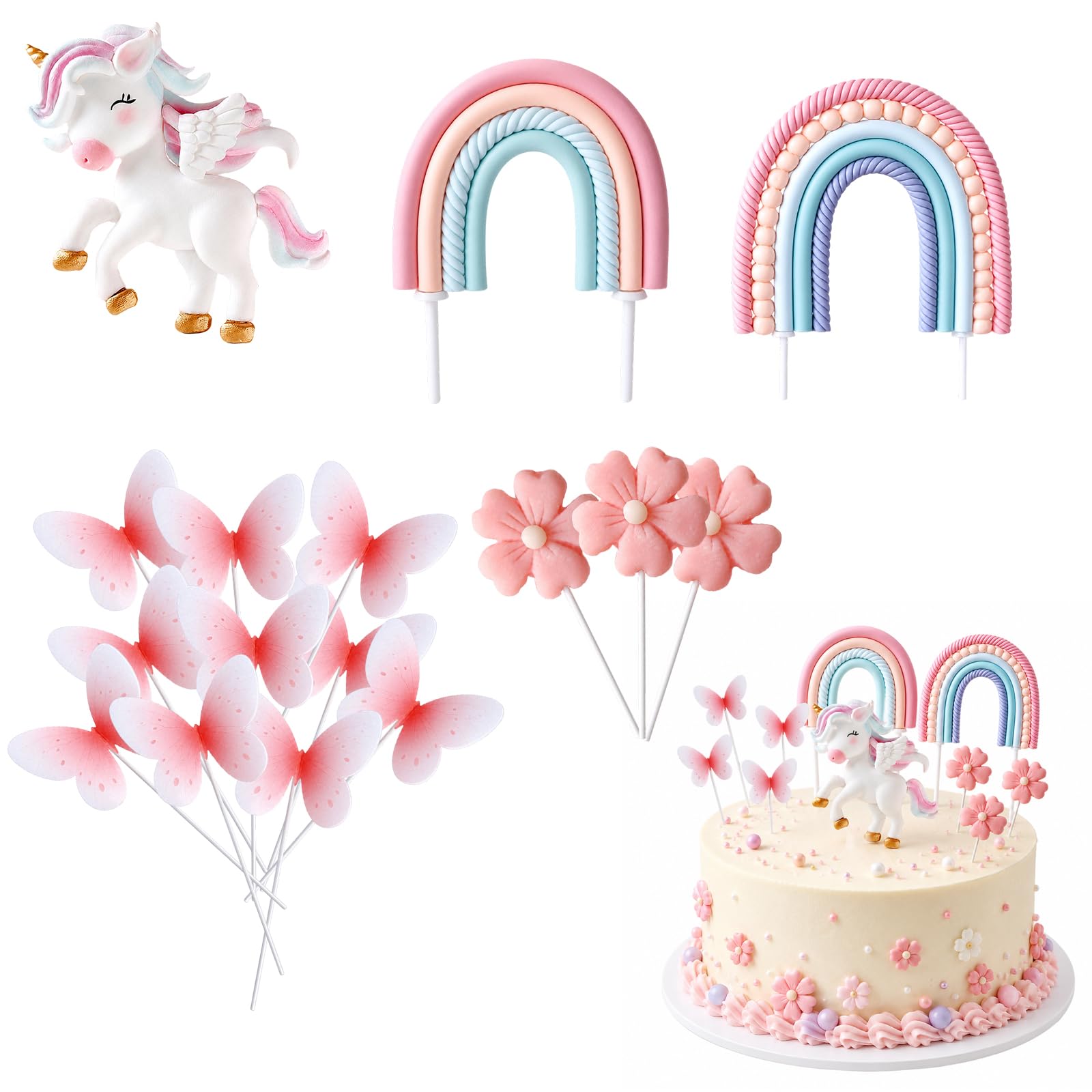 Unicorn Cake Topper, Unicorn Cake Decorations, Rainbow Cake Topper, 18-Piece Set for Baking and Party Celebrations, Vibrant Cake Decoration Kit with Assorted Designs