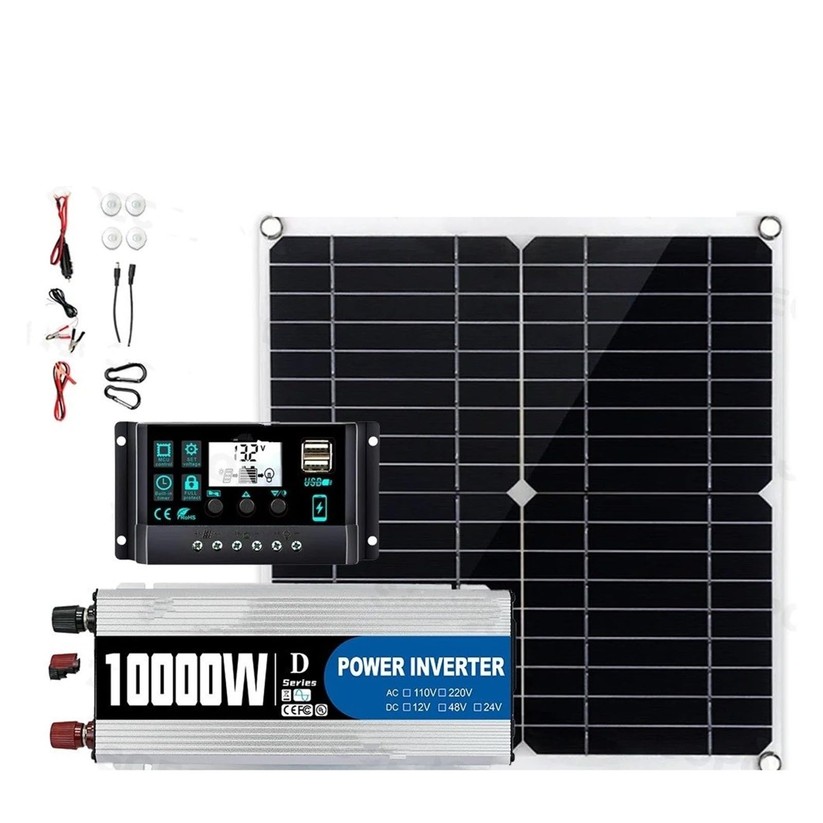 Inversor Potencia Kit Completo Energía Solar Inversor 10000W 12V A 220V Controlador 100A Panel 300W para Casa/RV/Camping Generador Casa Completa Convertidor