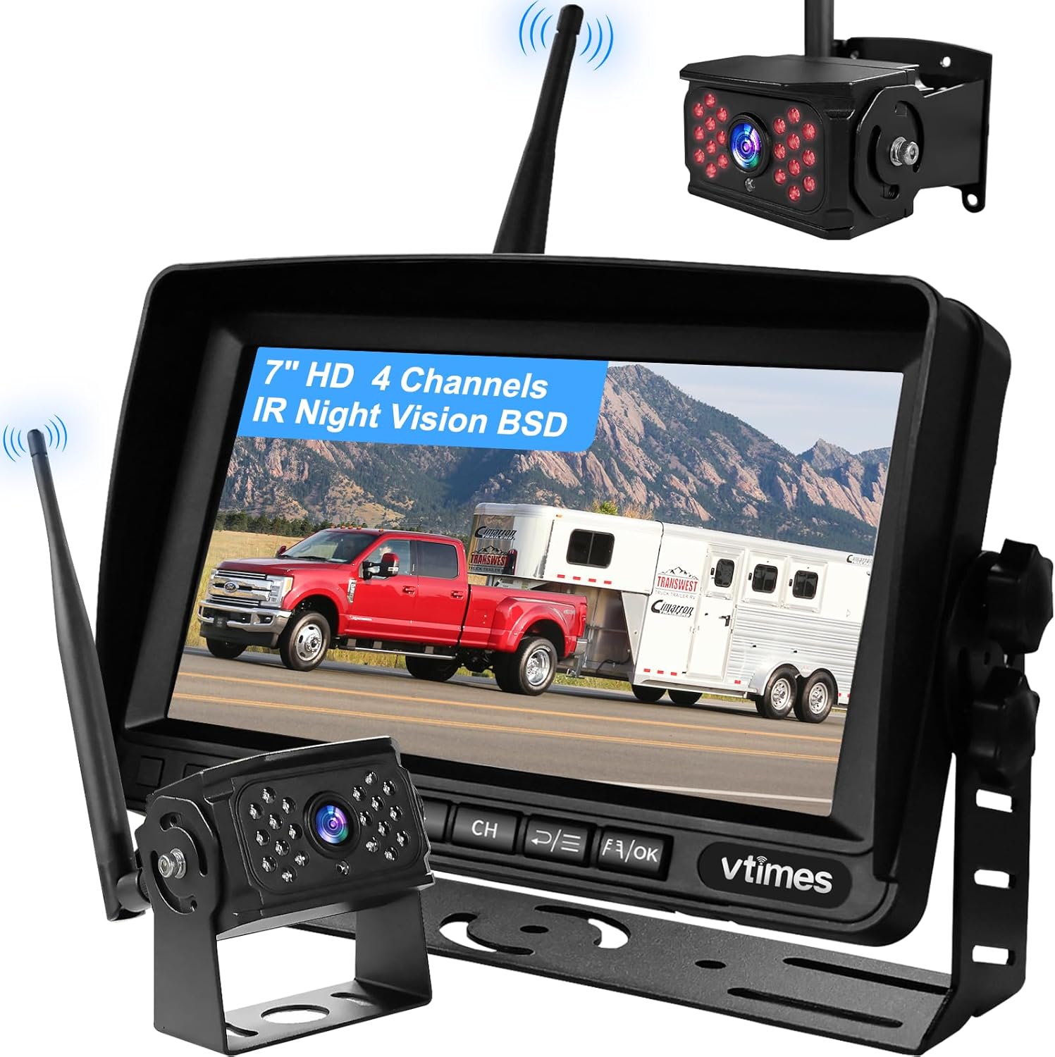 Wireless Backup Camera for Trucks and RVs with 7" HD Monitor, 4 Channels, BSD Alert, 984ft Signal Range, IP69K Waterproof