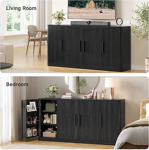 Miniatura 8 de ONBRILL Armario de buffet curvado con almacenamiento, aparador grande de 63 pulgadas con cuatro puertas y estantes, moderna mesa de café para