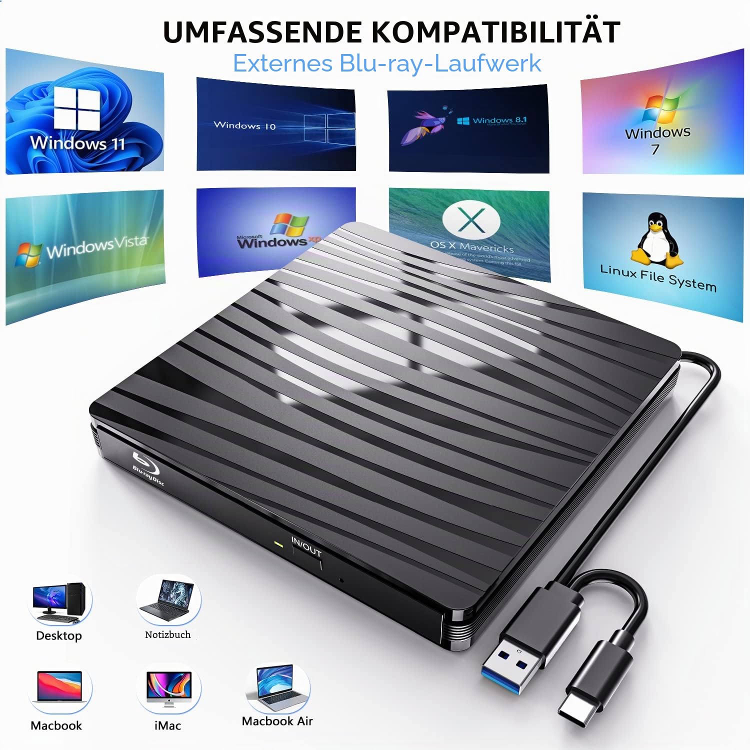 Externes Blu Ray Laufwerk 50G, Type-C & USB 3.0 HD 1080P Bluray Laufwerk Extern Blu ray Laufwerk Extern BD CD DVD ROM RW Blu-ray Laufwerk für Laptop PC Mac Windows 11/10/8/7/XP/Linux/MacOS Blu ray