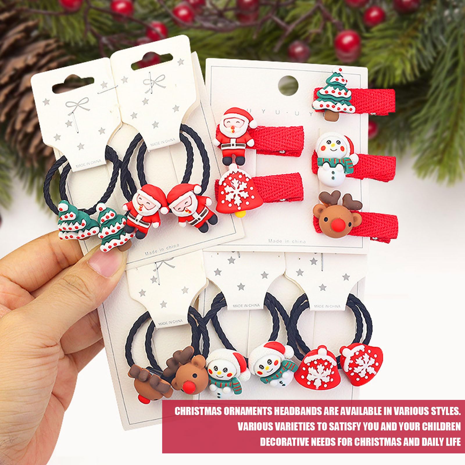 Girls Christmas Hair Accessories, 15Pcs Kids Hair Ties and Clips With Tree, Santa, Reindeer, Snowman - Image 3