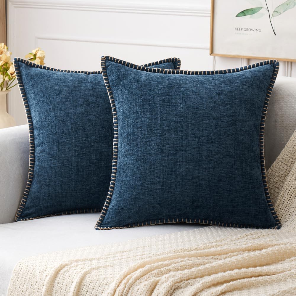 MIULEE Pack of 2 Couch Throw Pillow Covers 20x20 Inch Navy Blue Farmhouse Decorative Pillow Covers with Stitched Edge Soft Chenille Solid Dyed Spring Pillow Covers for Sofa Bed Living Room 20" x 20" (Pack of 2) Navy Blue