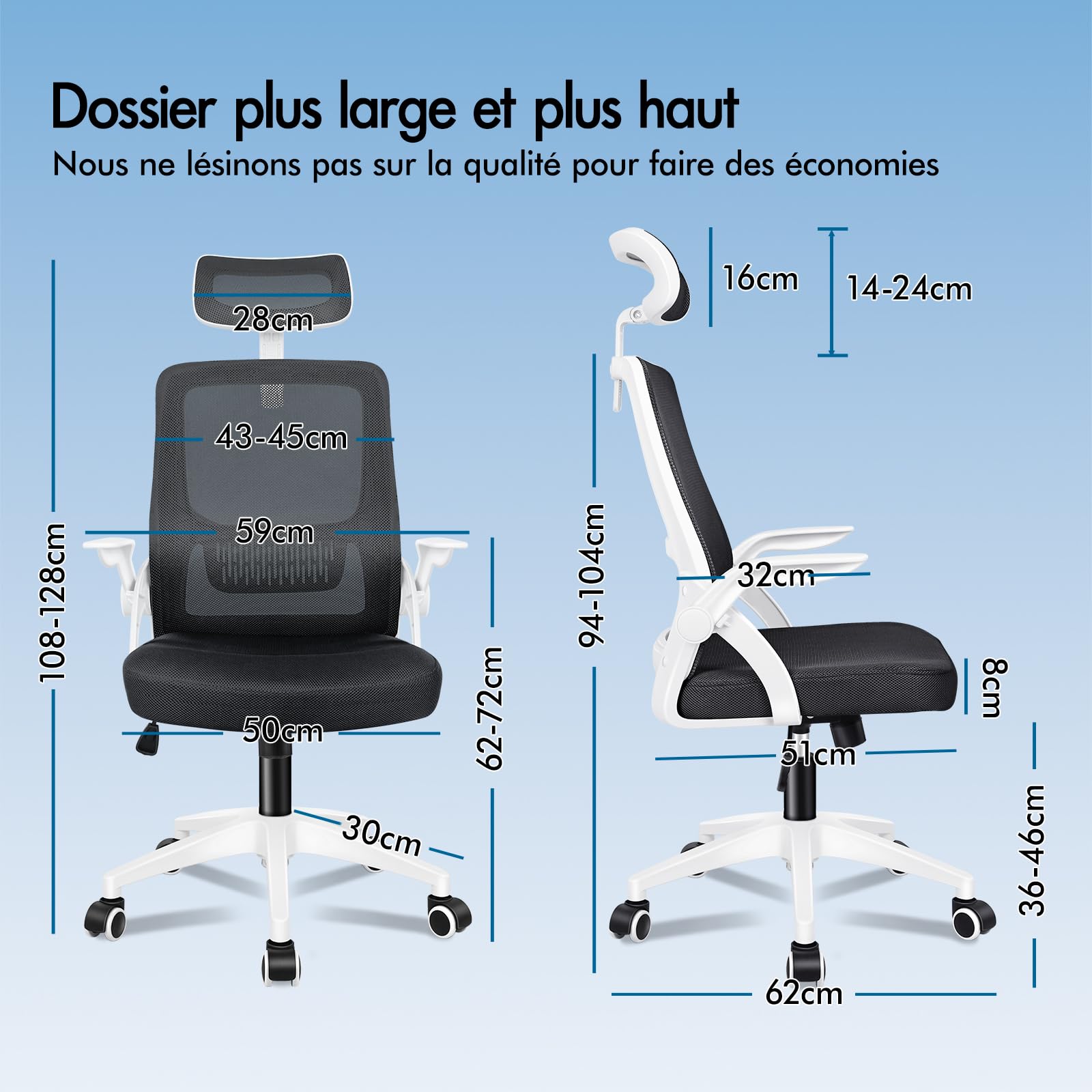 ALFORDSON Chaise de Bureau Ergonomique avec Support Lombaire Dynamique, Accoudoir Rabattable, Blanc