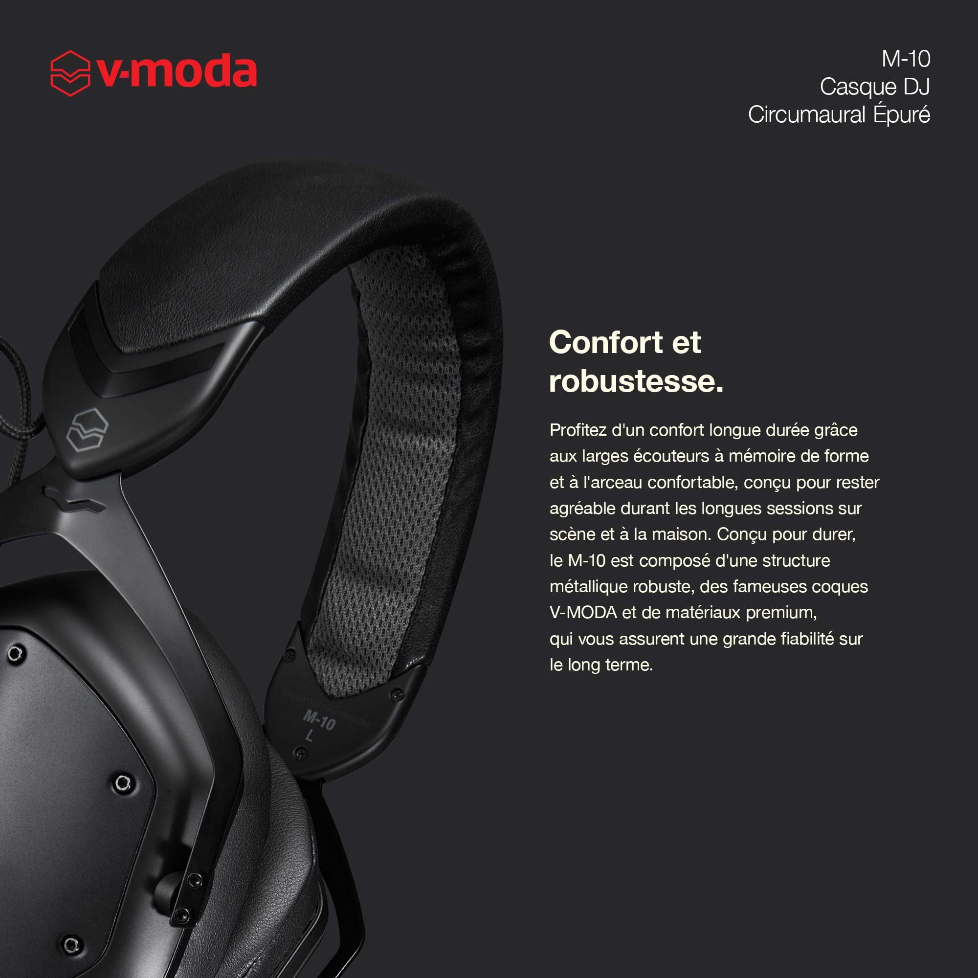 V-Moda M-10 | Casque circumaural épuré pour DJ | Conçu pour Les DJs et Les musiques rythmées | des Basses Profondes avec des aigus clairs | Ecouteurs en Mousse à mémoire de Forme | Structure fermée