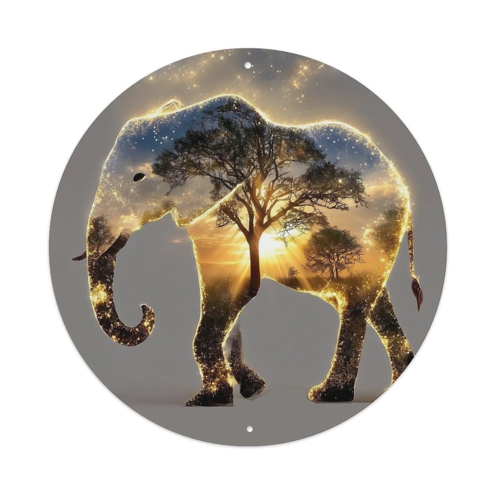 Animal Elephant African Savanna Sunset Double Exposure Gold Starry Vintage Metal Tin Sign Plaque Wall Decor for Cafe, Club Bar, Office, Garden Metal Poster 8x8Inch