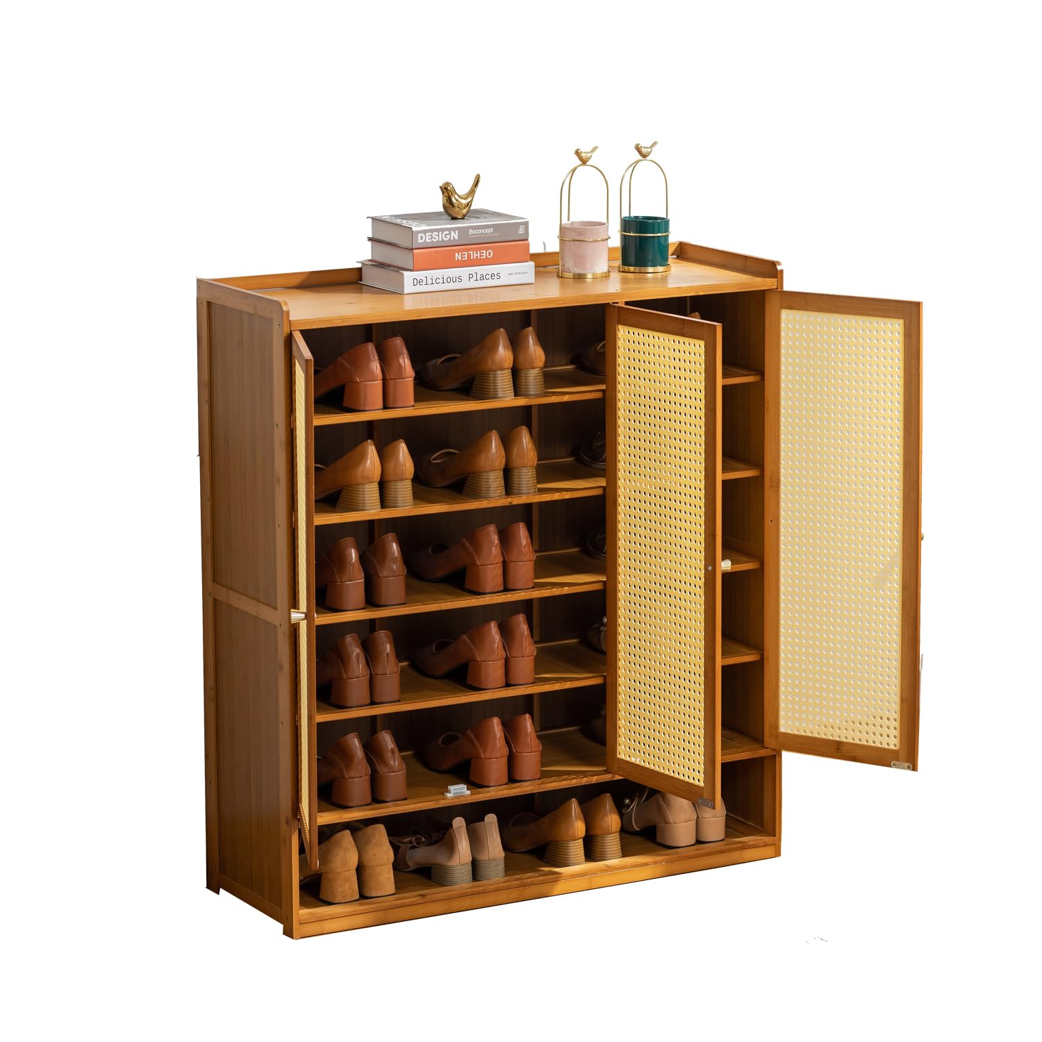 Rattan Shoe Cabinet, 6-Tier Shoe Rack Storage Organizer with Three Plastic Doors for Entrance Hallway