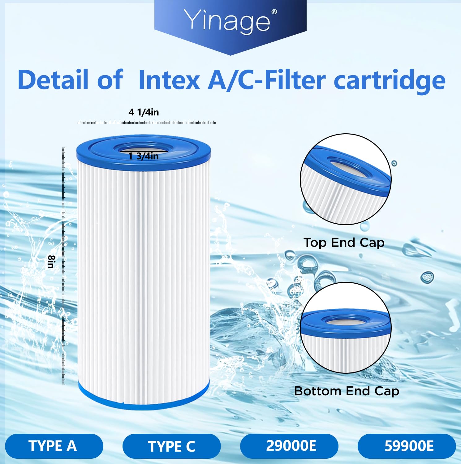 Lot de 4 cartouches filtrantes de type A ou C pour pompe de filtration Intex 59900E et 29000E, filtres lavables pour piscine 500, 530, 800, 1000 et 1500 GalHr