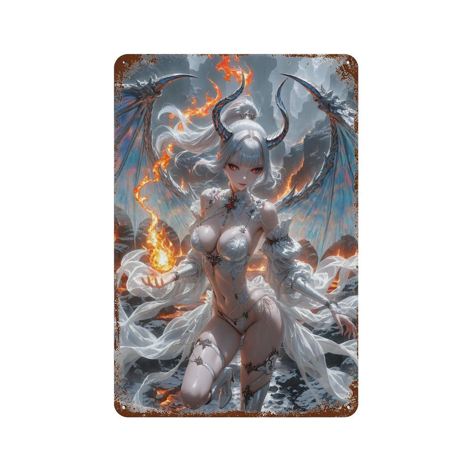 White-Haired Demoness with Fire Rust Effect Tin Sign 11.8"x7.9", Novelty Wall Decor for Patio, Garden Room And Bar Decor
