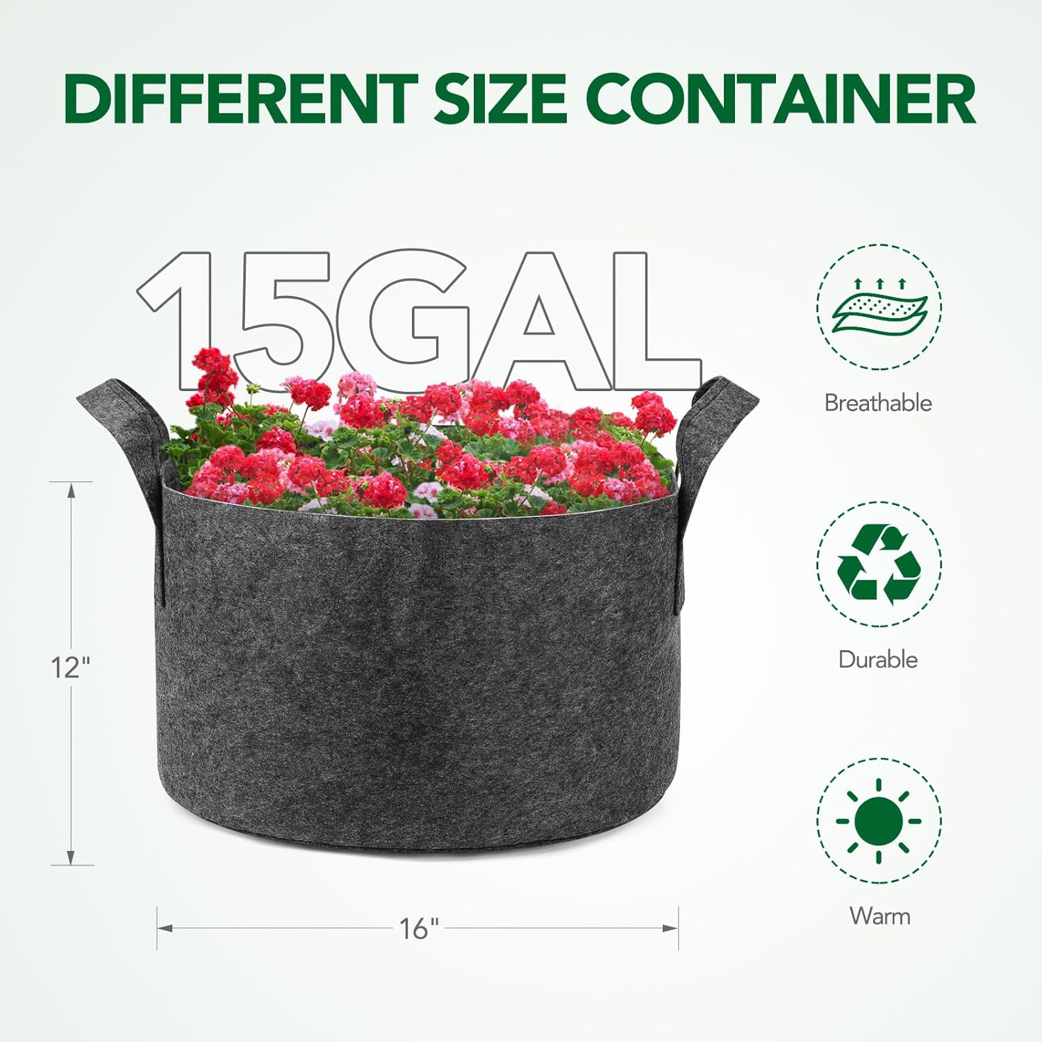 Delxo 12-Pack 15 Gallon Thickened Nonwoven Plant Grow Bags Heavy Duty Aeration Fabric Pots Ideal for Container Gardening Planting Bags Grey