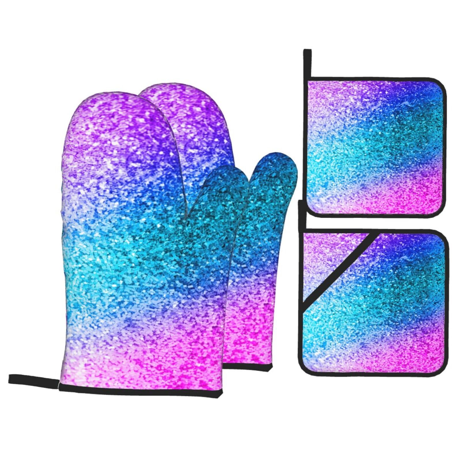Glitter Sequin Spot Print Stylish Heat-Resistant Oven 4-Piece Set Kitchen Gloves Roasting Daily Cooking