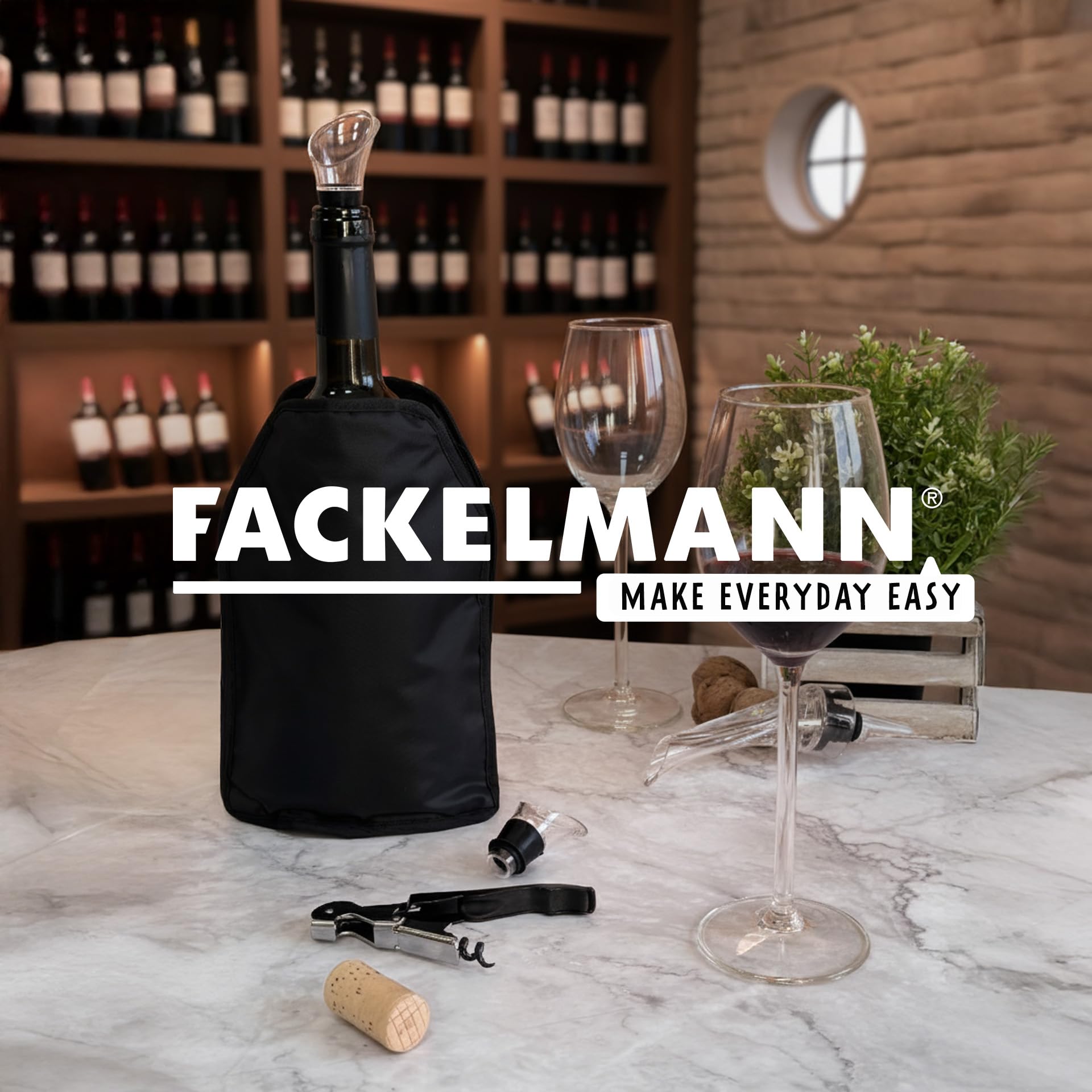 Fackelmann Funda Enfriadora para Botellas, Collar Enfriador para Botellas de Vino y Cava, Nylon Elástico con Ajuste Universal y Relleno de Gel Enfriador, Apta para Congelador, 22x16 cm, Negro, 1 ud.