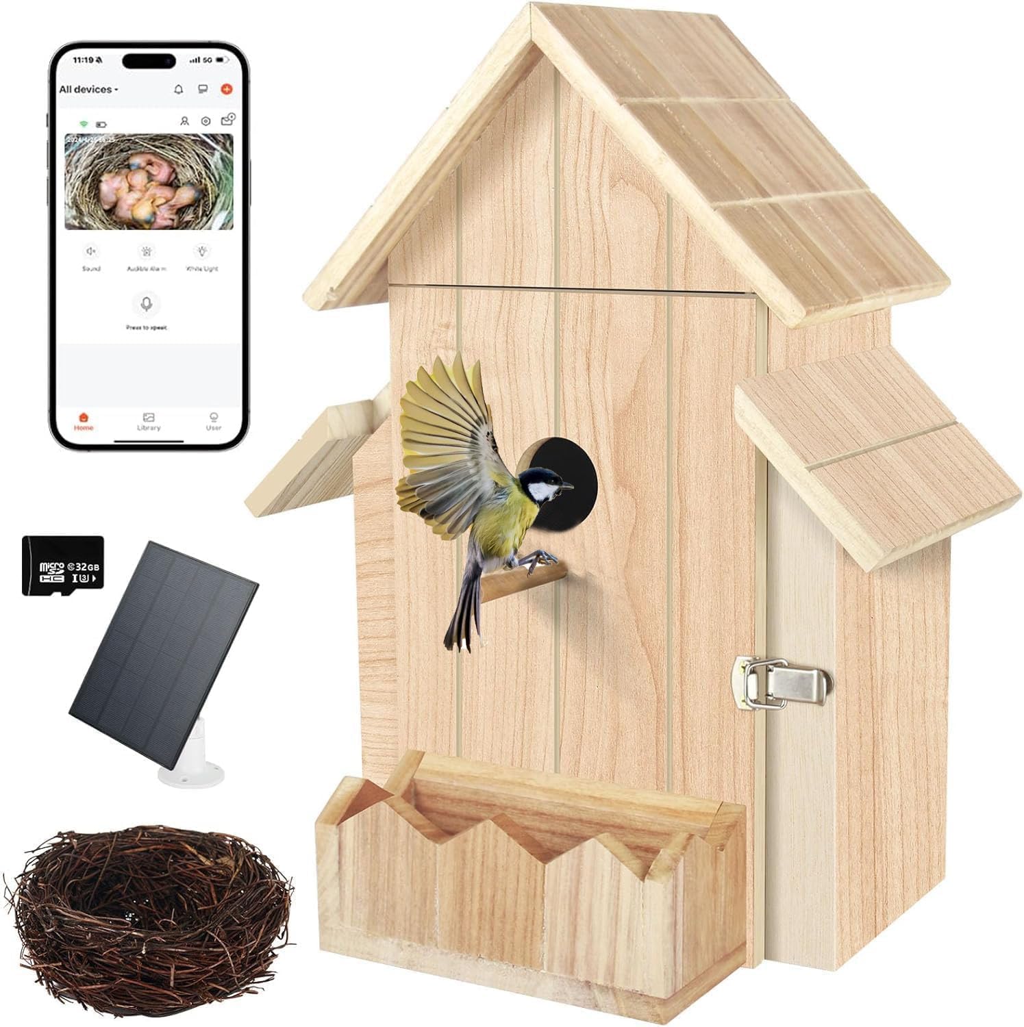 Bird Box with Camera Solar Powered, 1080p HD Bird Houses for Outside with Nest Auto Capture Photo & Video, 2.4G WiFi & App Notify Wooden Birdhouse (1, Natural, Mormal)