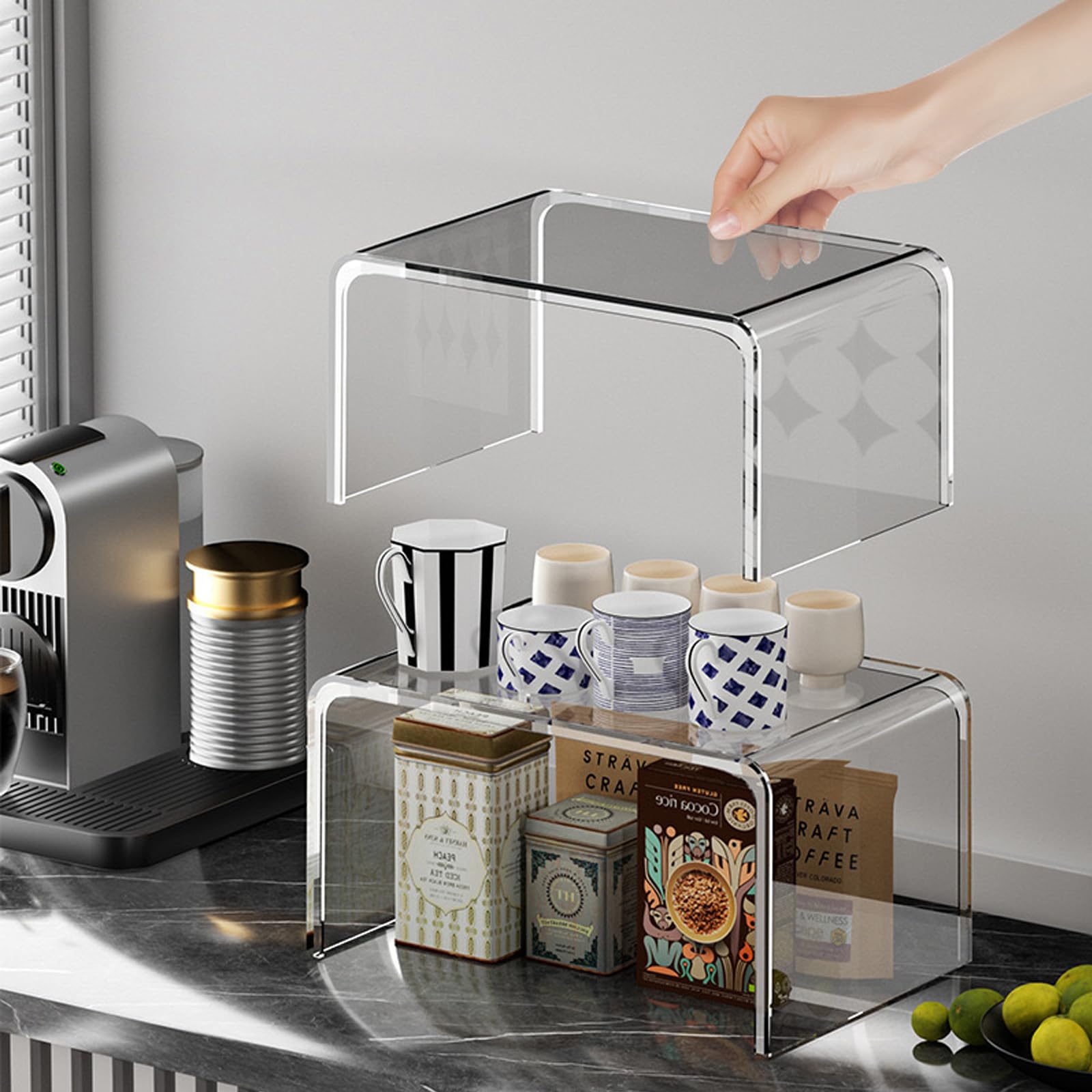 Oursouion Kitchen Storage Shelves, Clear Cupboard Organiser Set of 2,Acrylic Kitchen Shelves Organiser Stackable Spice Racks Kitchen Storage & Organisation