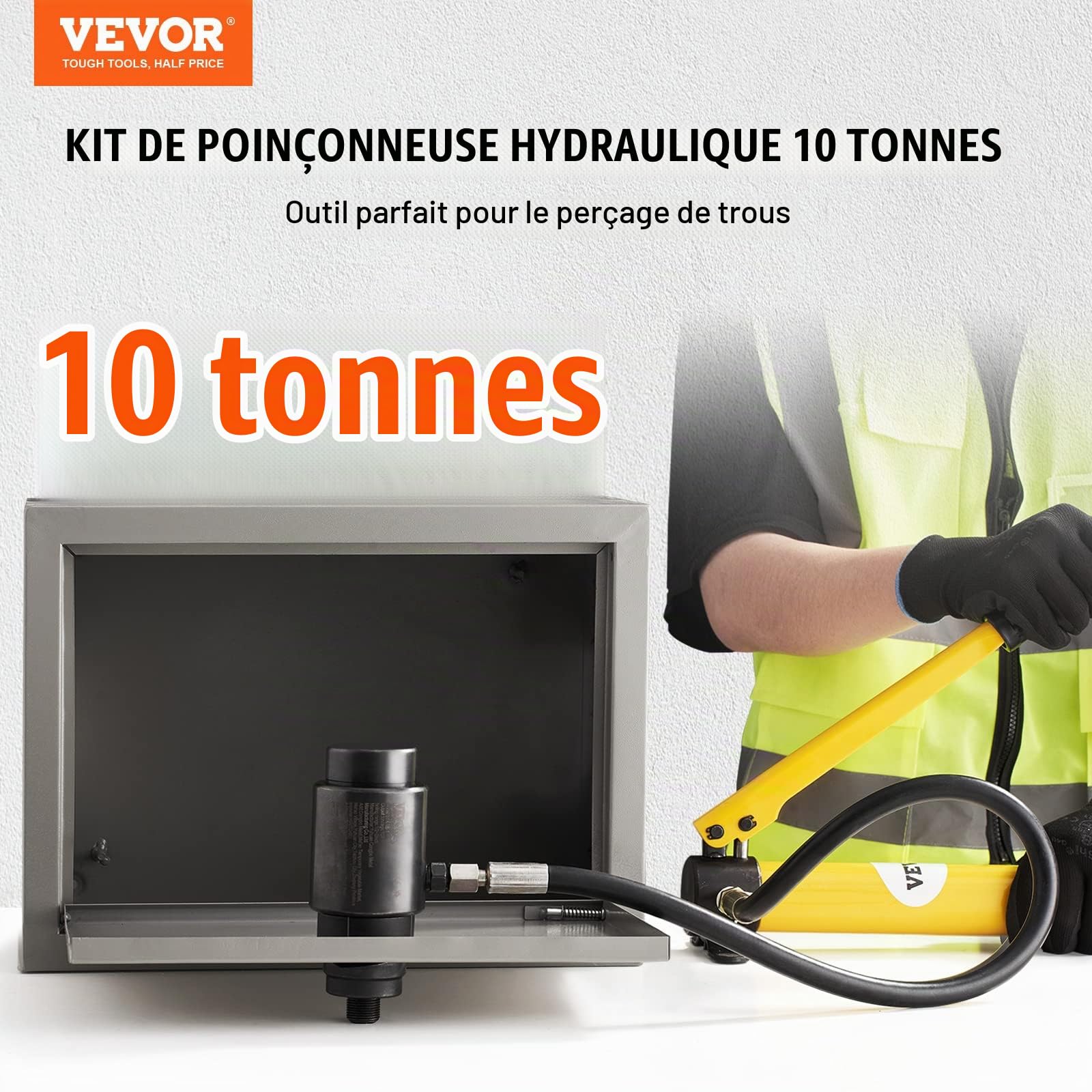 VEVOR Kit de Perforation Hydraulique 10 T avec 6 Poinçons 22-60 mm Poinçonneuse Hydraulique Manuelle avec Mallette Portable Positionnement Précis Outil de Poinçonnage pour Métal Inox Alu Plastique