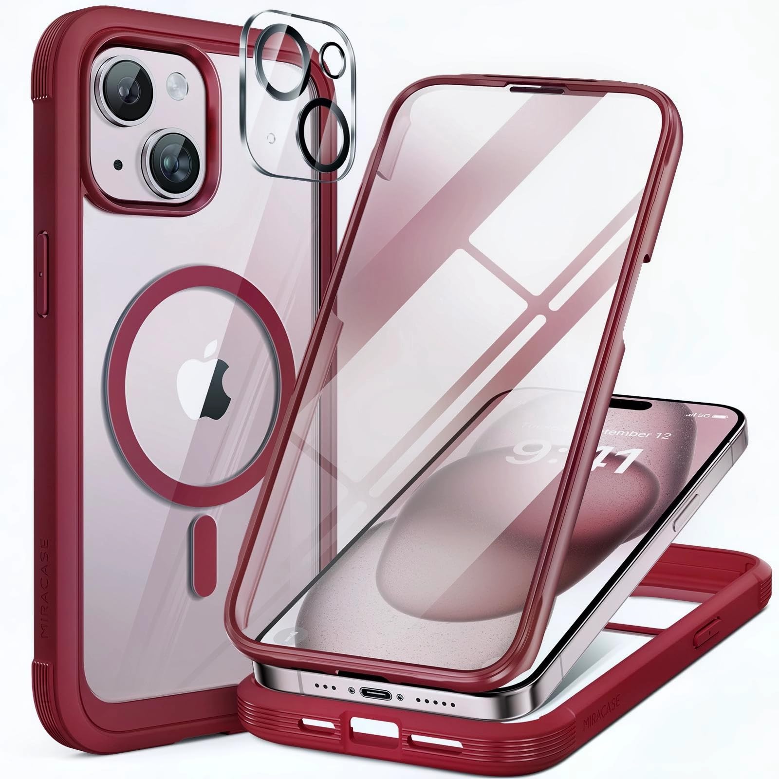miracase Glass Series for iPhone 15 Case [Compatible with MagSafe] Full-Body Magnetic Case with Built-in 9H Tempered Glass Anti-Fingerprint Screen Protector + Camera Lens Protector, Wine Red