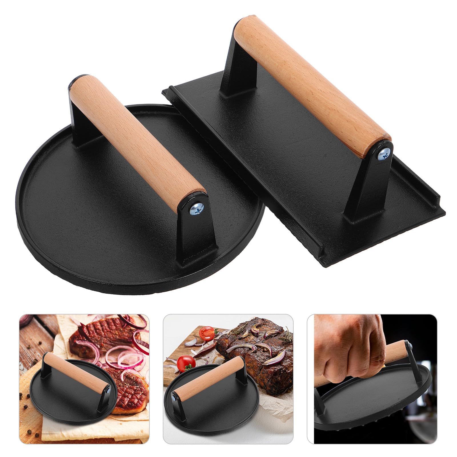 Prensa Formas Redonda y Rectangular con de Hierro Fundido para Hamburguesas Mango de Madera, 2 Piezas, Diseño sin Recubrimiento y Adecuado para Cocina Asados