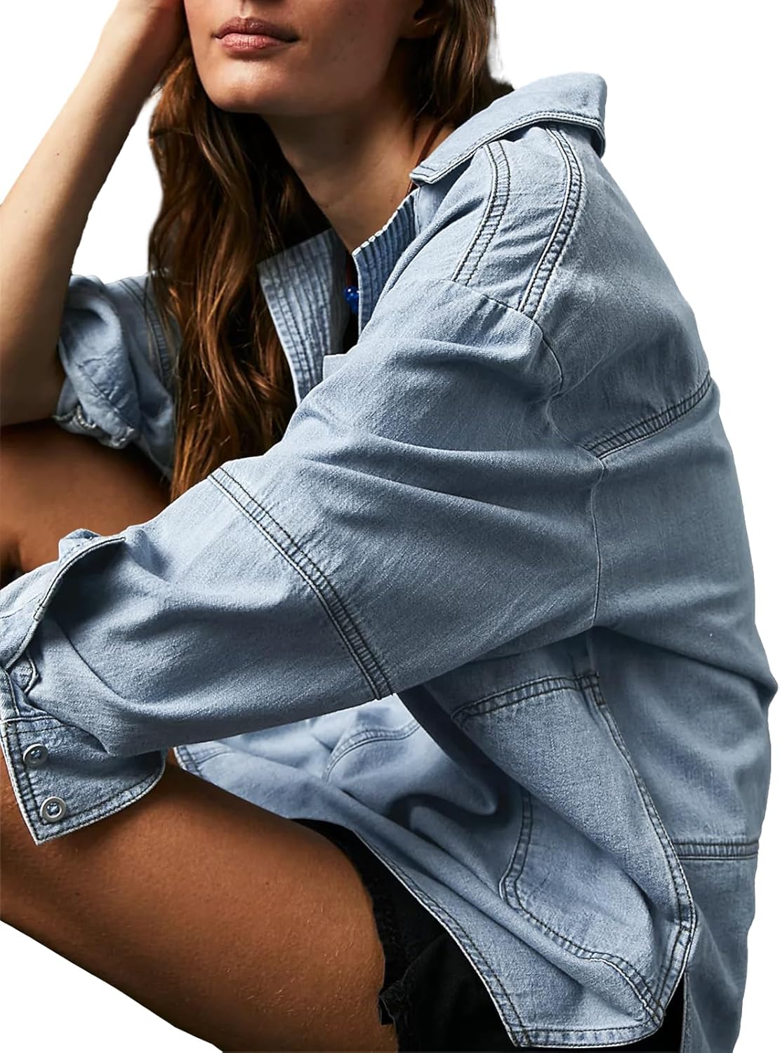 Fazortev Women's Denim Pullover Casual Button V Neck Blouse Loose Fit Long Sleeve Jean Jacket With Pocket - Image 3