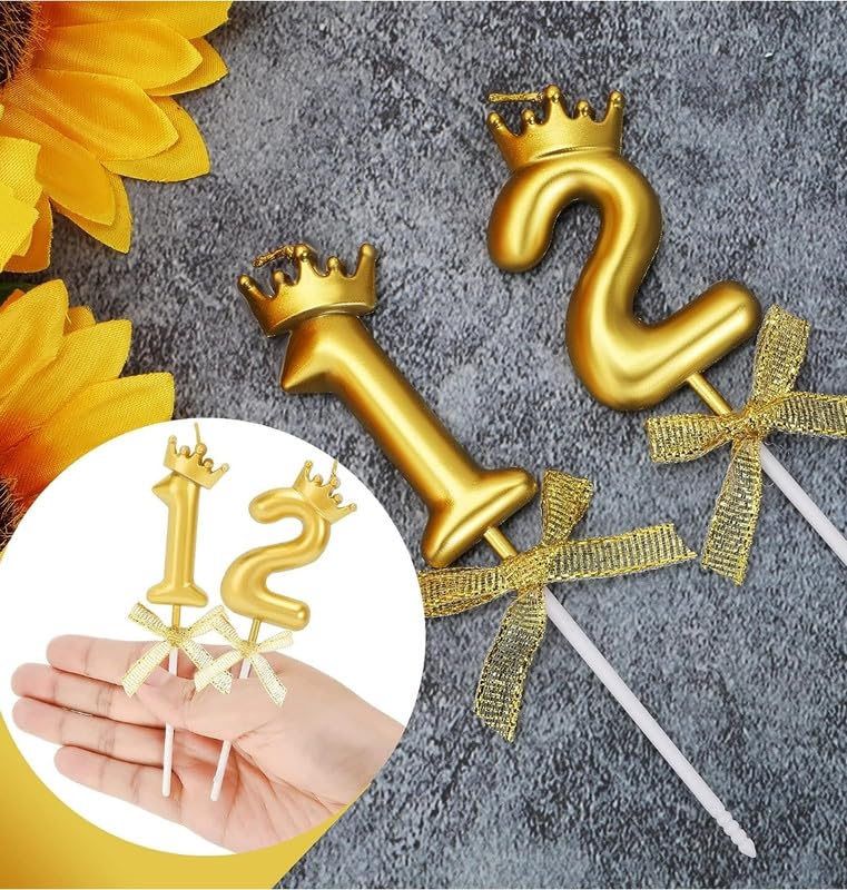 Image of Number Candles with Crown 3 inch for Birthday Parties, Wedding, Engagement, Celebrations, Theme Party Cake Decoration Gold (Numerical No 12 or 21)