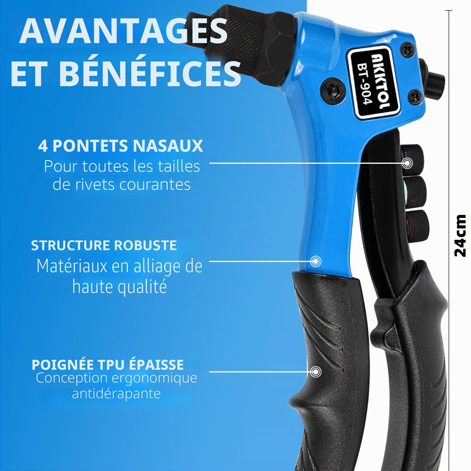 AKKTOL Pince a Rivet, Riveteuse Professionnelle, Pince a Rivet Pop avec 200 Rivets pour 4 Types 4,8mm 4,0mm 3,2mm 2,4mm, Pince à riveter Manuelle pour Automobile, Chemin de Fer, Meubles, Jardinage etc