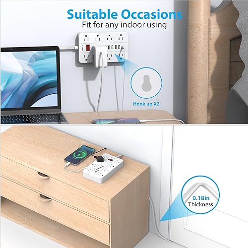 Miniatura 6 de SMNICE Regleta de alimentación con USB, protector de sobretensión, enchufe plano con 8 tomas de corriente ampliamente espaciadas y 6 puertos USB,